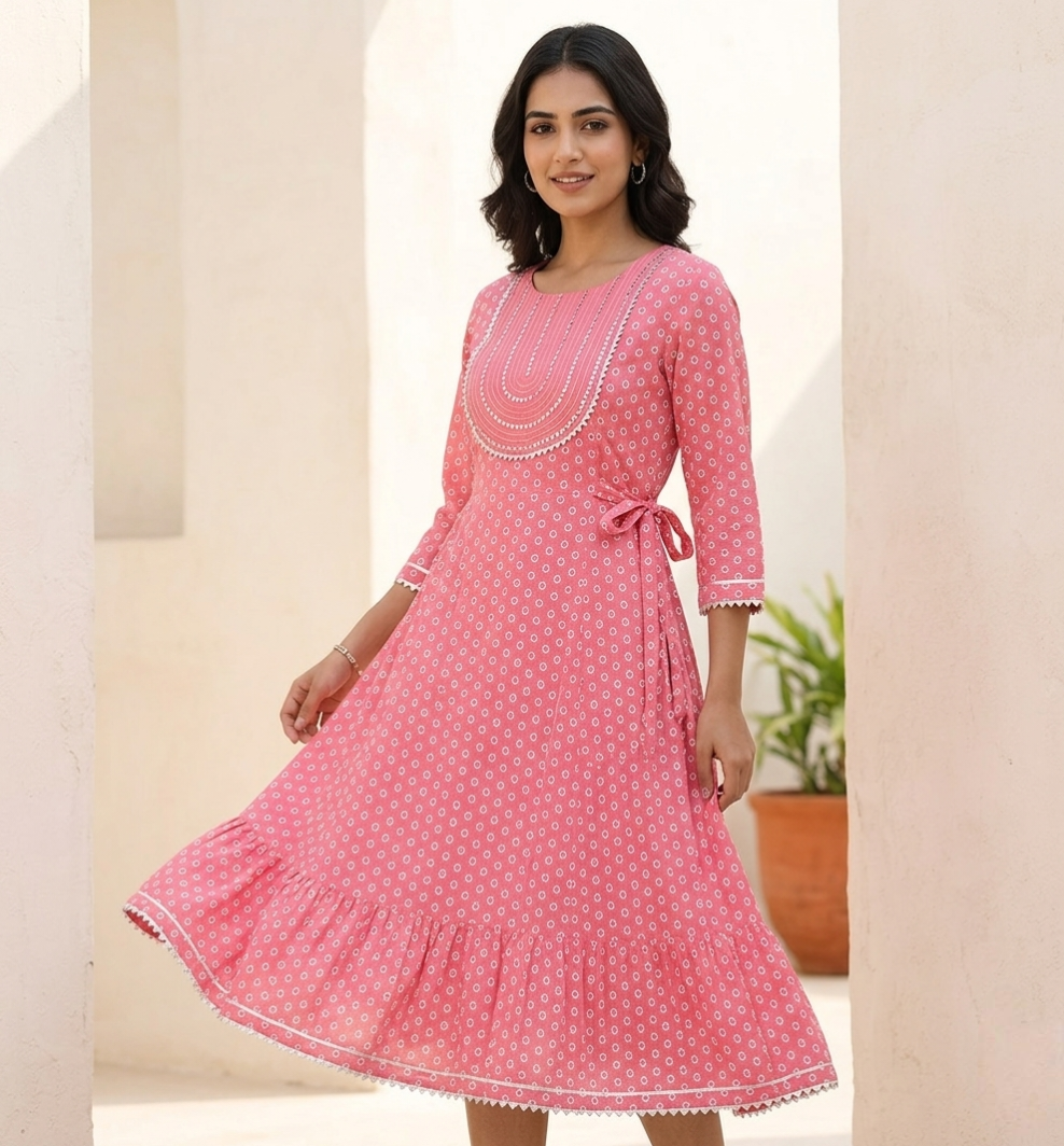 Pink Bandhani Print A-Line Cotton Kurti with Embroidered Yoke and Ruffle Hem