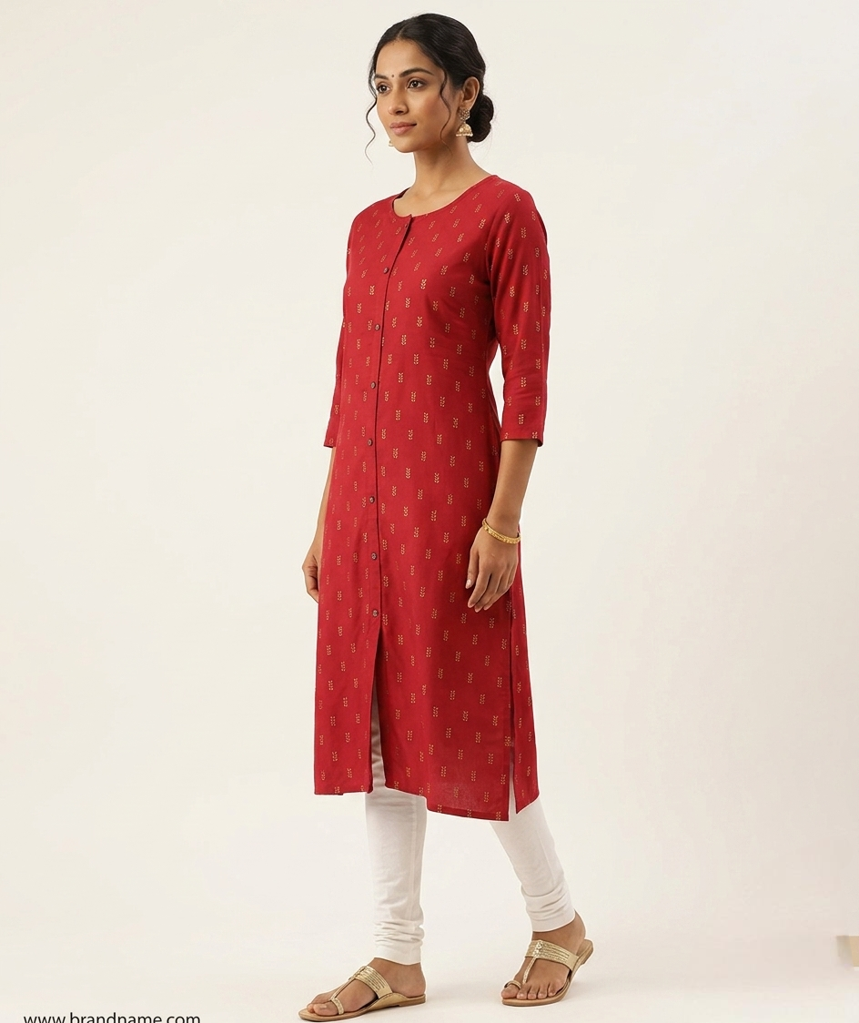 Women’s Maroon Foil Printed Rayon Straight Kurta with Button-Down Detail