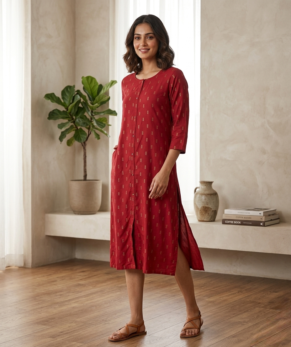 Women’s Maroon Foil Printed Rayon Straight Kurta with Button-Down Detail