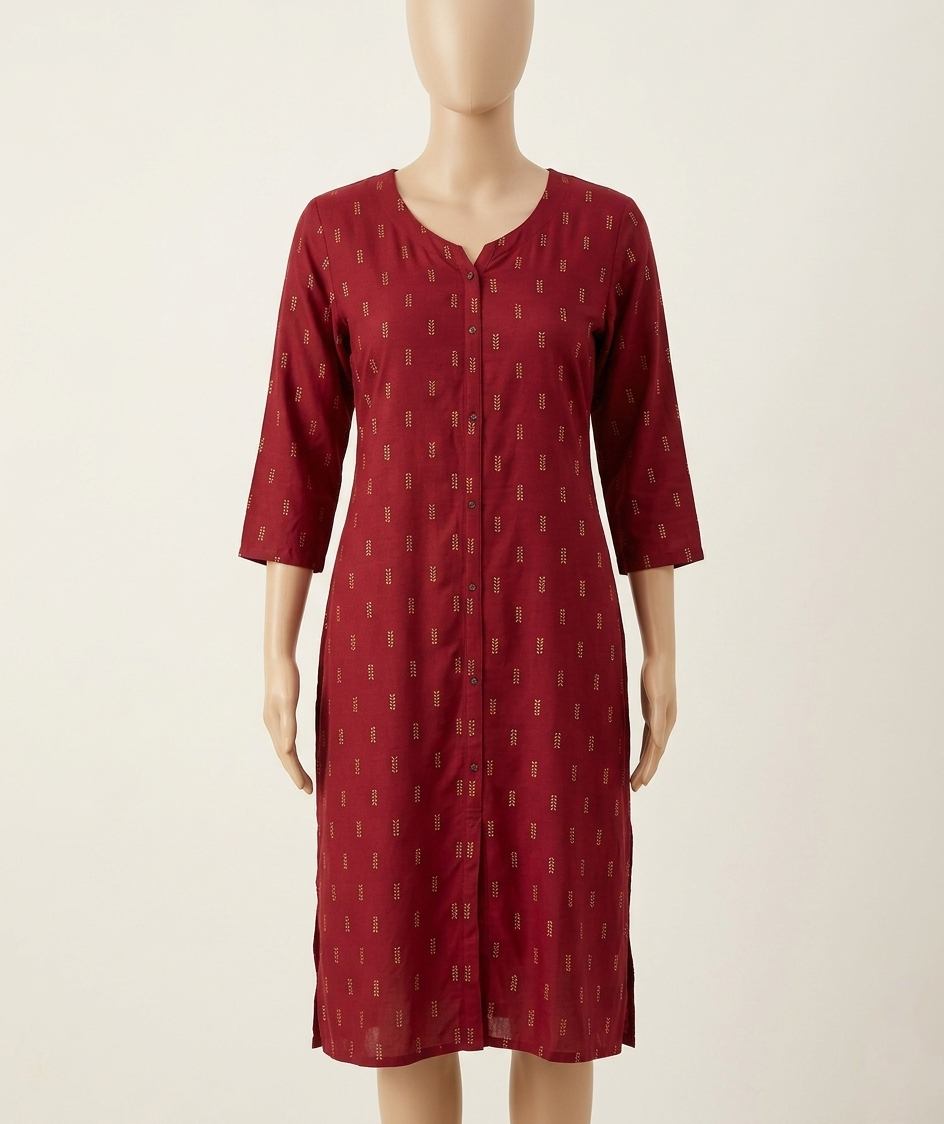 Women’s Maroon Foil Printed Rayon Straight Kurta with Button-Down Detail