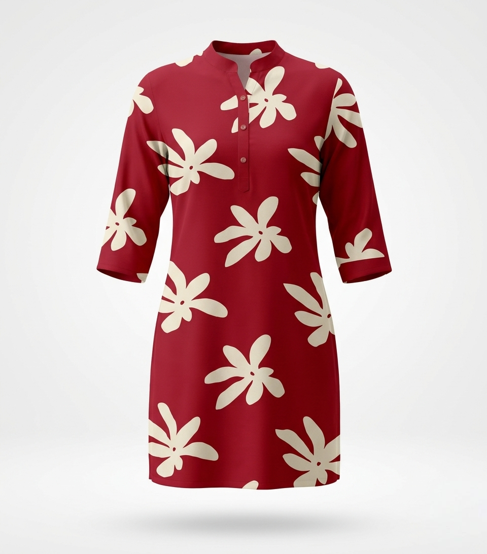 Floral Bliss Mandarin Collar Cotton Kurti in Crimson Red & Cream