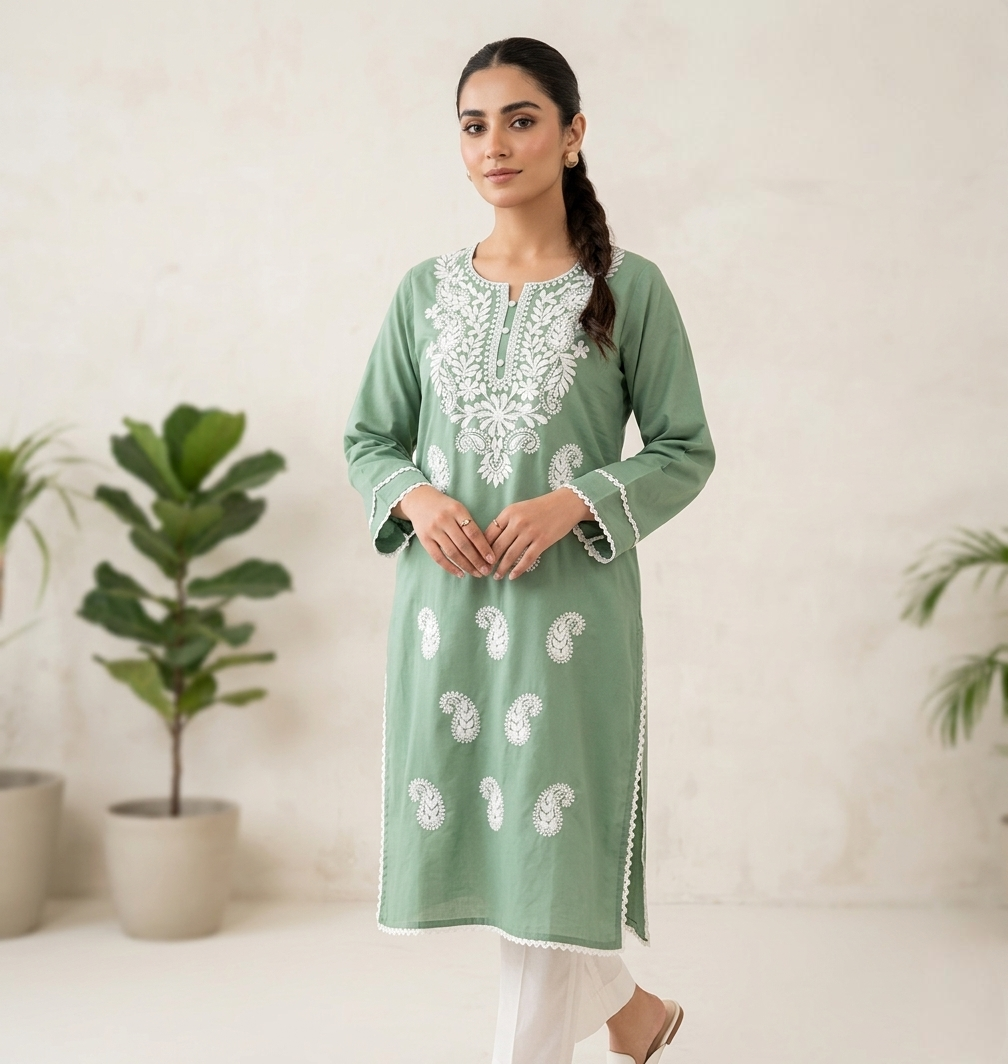 Women’s Sage Green Cotton Chikankari Kurti with White Floral Embroidery & Paisley Butti – Ethnic Straight Tunic