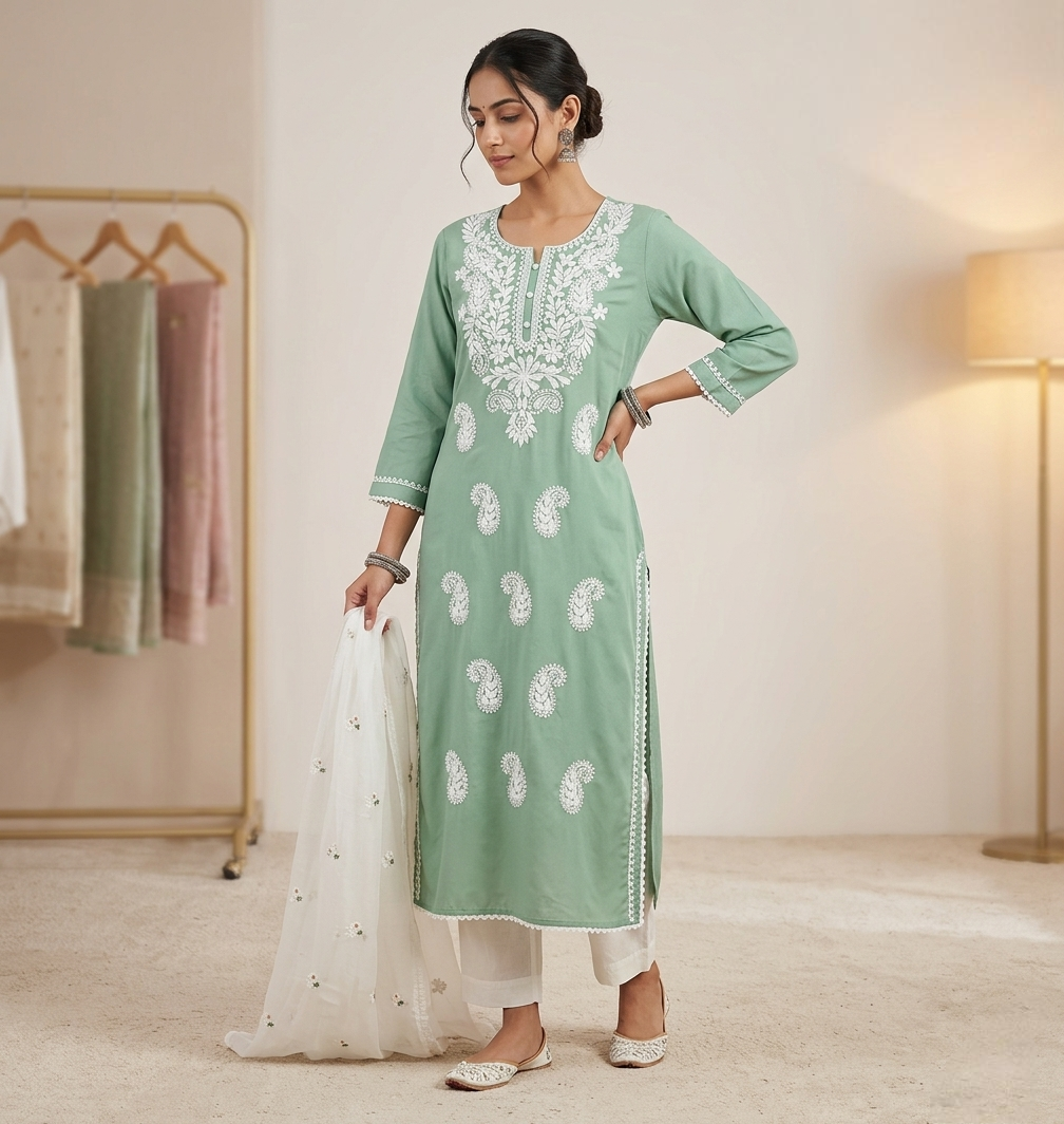 Women’s Sage Green Cotton Chikankari Kurti with White Floral Embroidery & Paisley Butti – Ethnic Straight Tunic