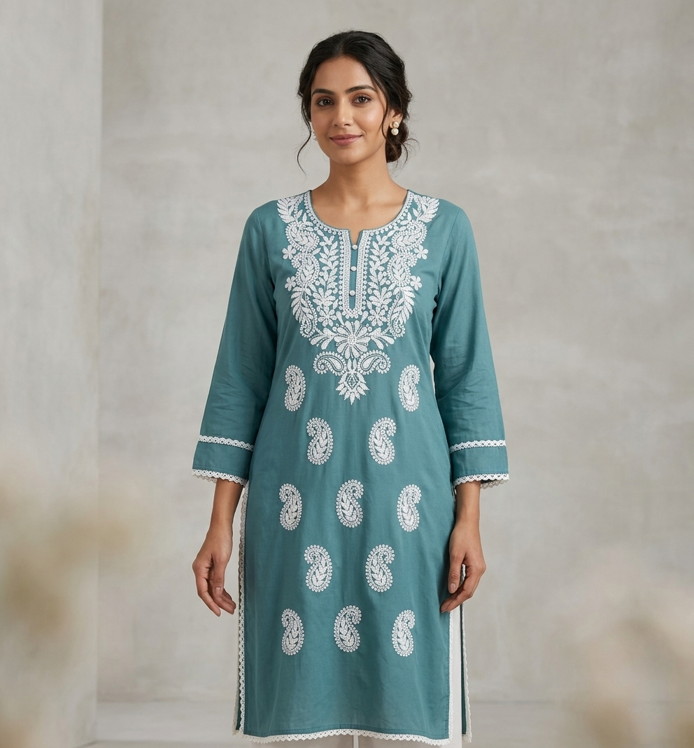 The Azure Vine: Hand-Embroidered Chikankari Kurti in Slate Teal