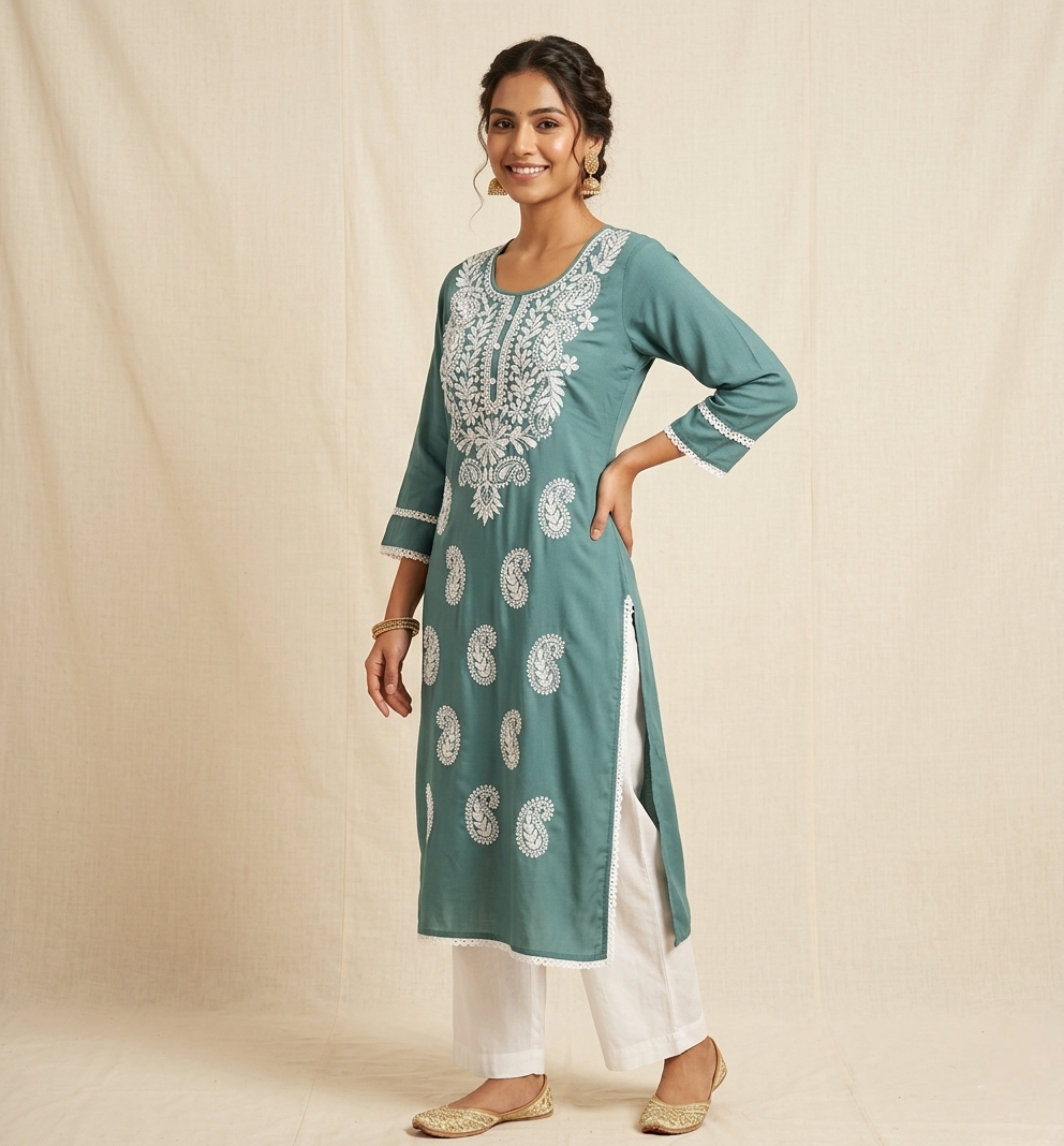 The Azure Vine: Hand-Embroidered Chikankari Kurti in Slate Teal