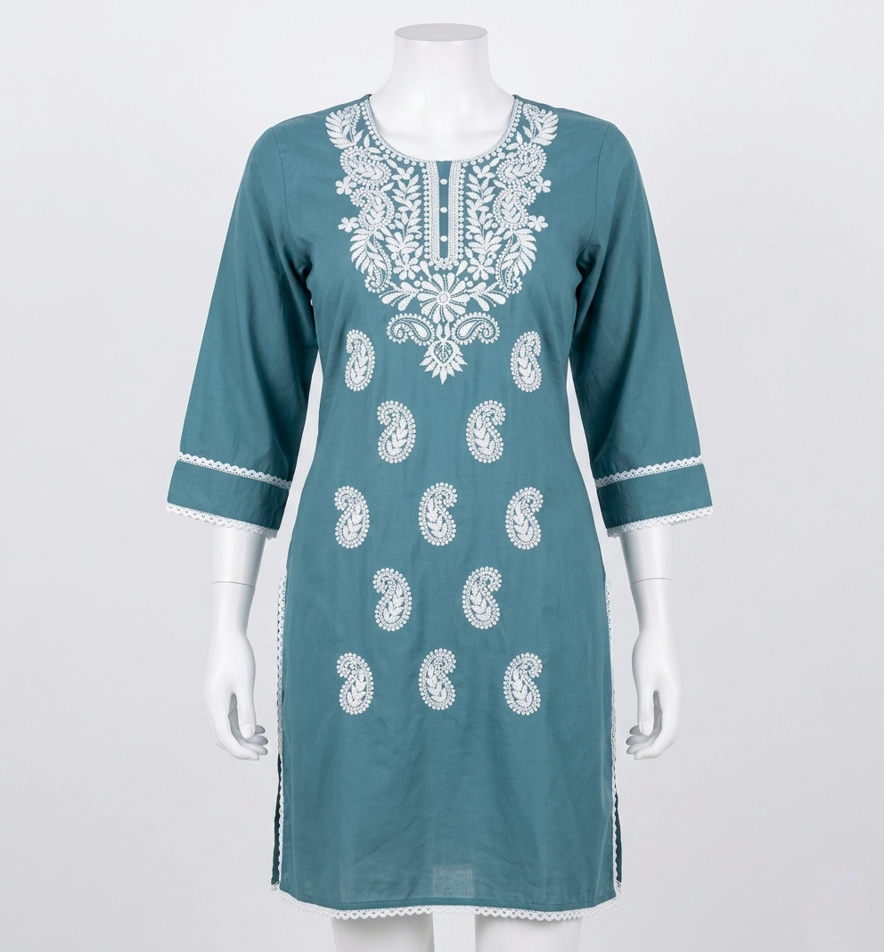 The Azure Vine: Hand-Embroidered Chikankari Kurti in Slate Teal