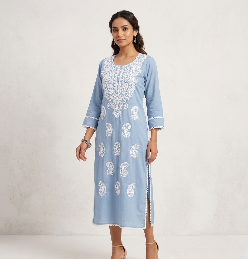 Sky Blue Cotton Chikankari Embroidered Straight Kurti with Lace Borders