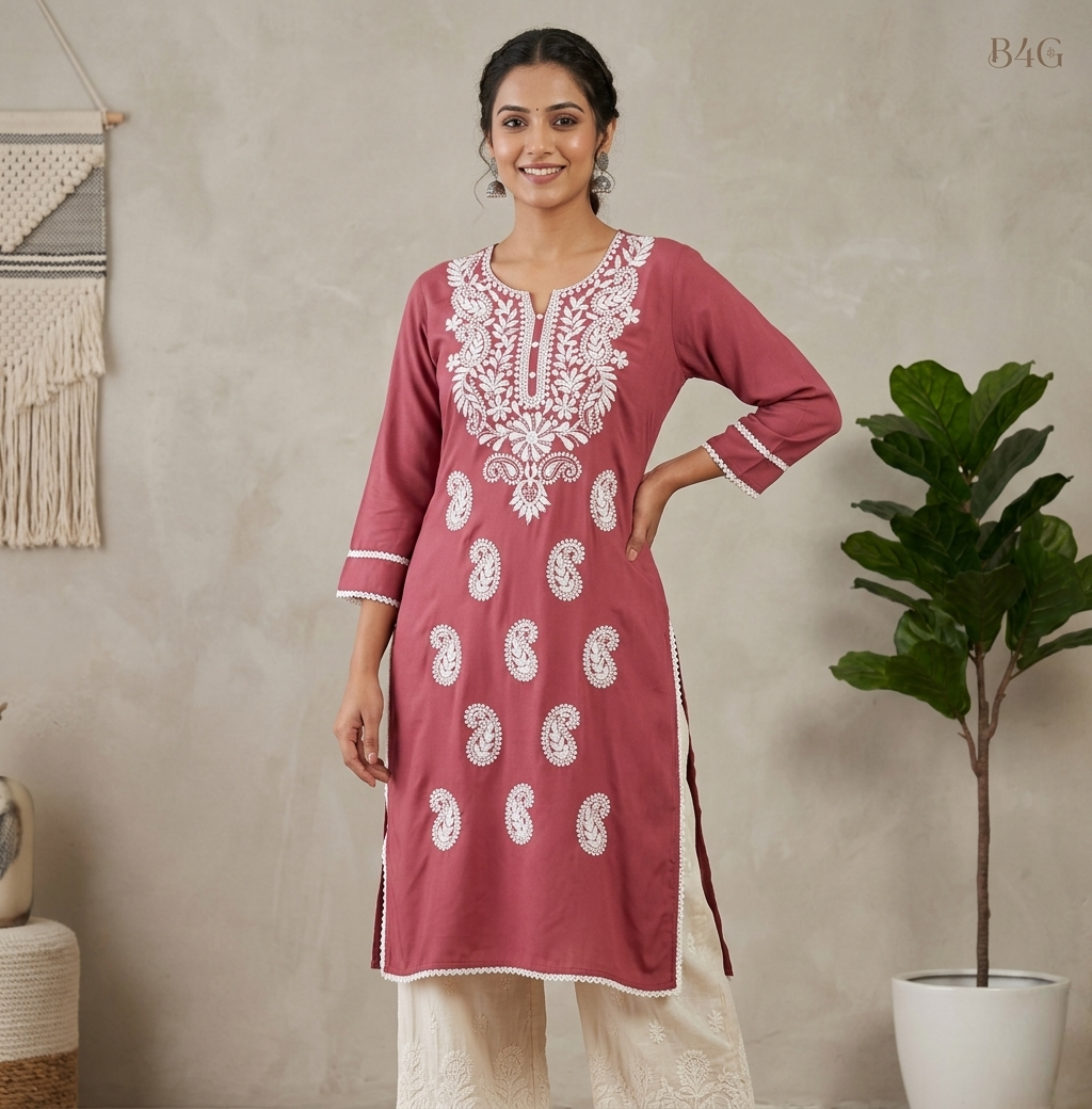 Women's Mauve Mauve Lucknowi Chikankari Kurti with White Paisley Embroidery