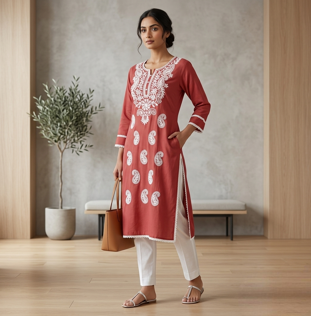 Women's Mauve Mauve Lucknowi Chikankari Kurti with White Paisley Embroidery