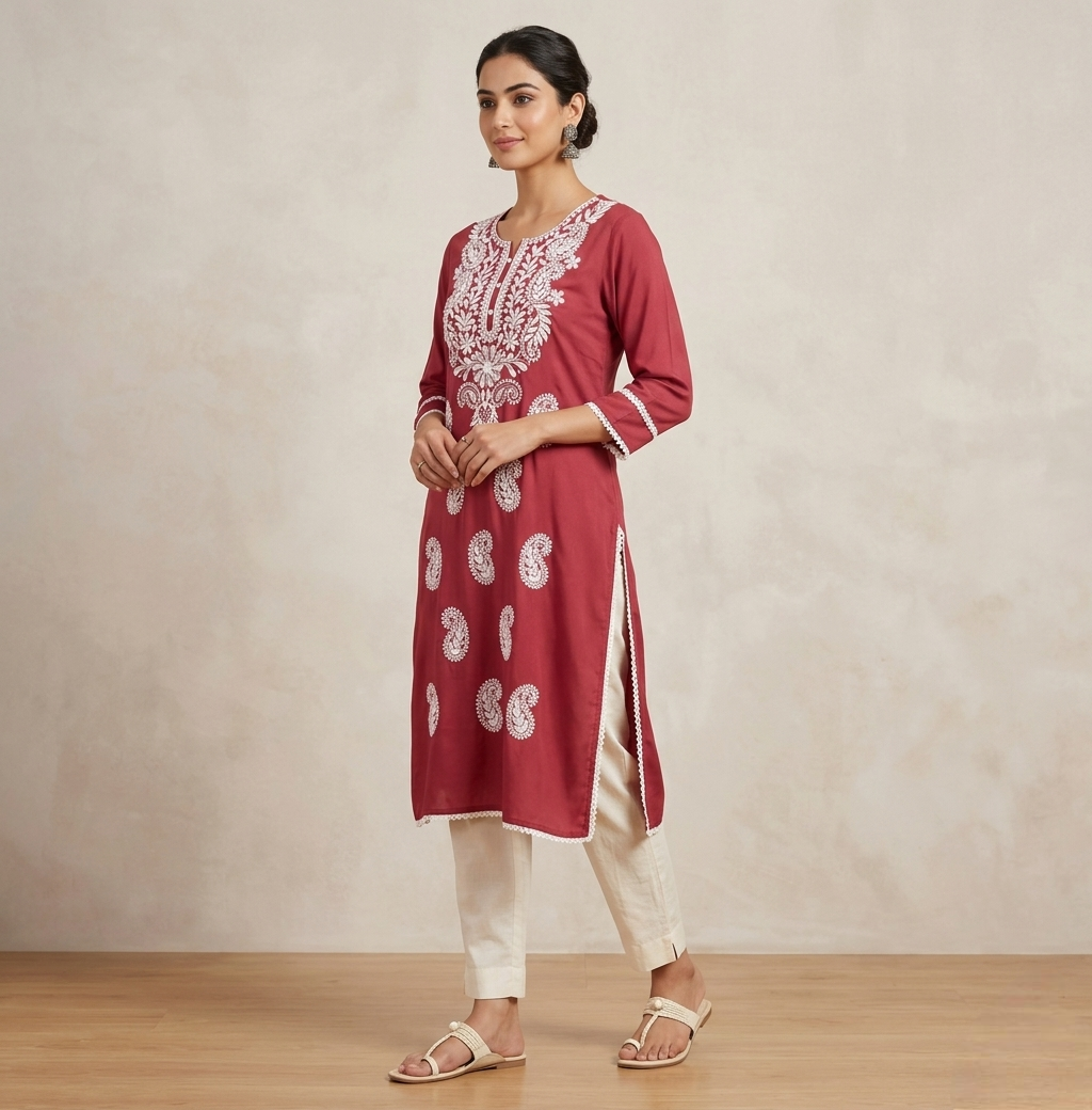 Women's Mauve Mauve Lucknowi Chikankari Kurti with White Paisley Embroidery