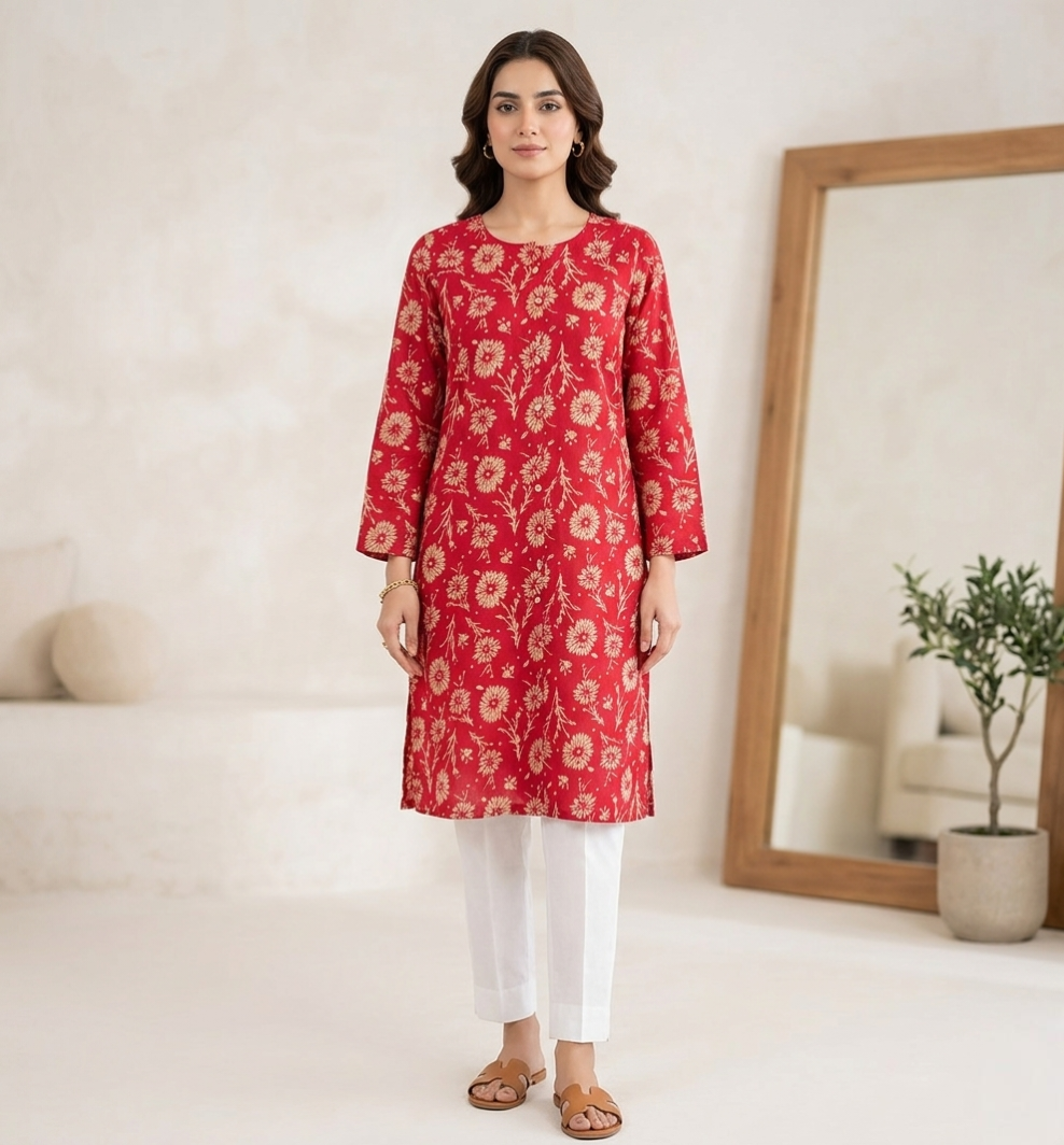 Crimson Bloom: Hand-Block Inspired Floral Kurti in Premium Cotton