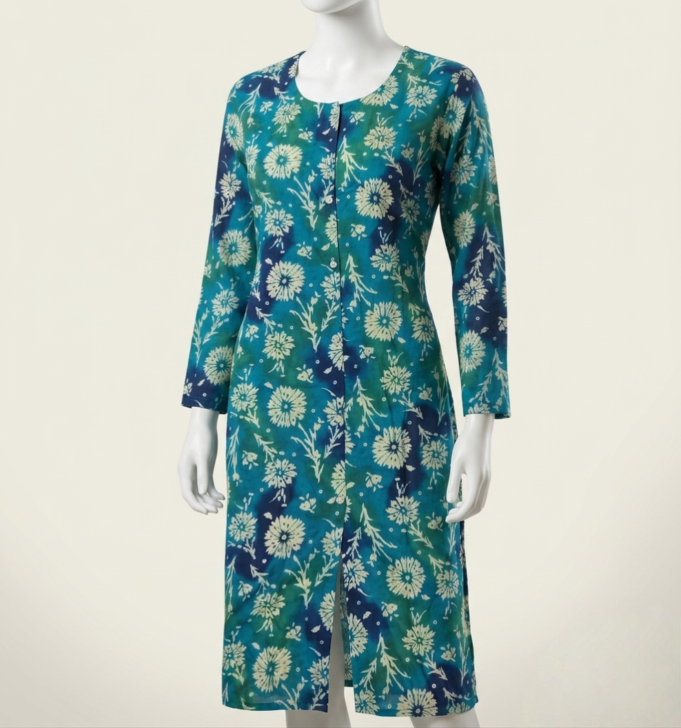 Women's Blue & Teal Floral Printed Cotton Kurti | Long Sleeve Straight Fit Kurta with Front Slit and Button Detail