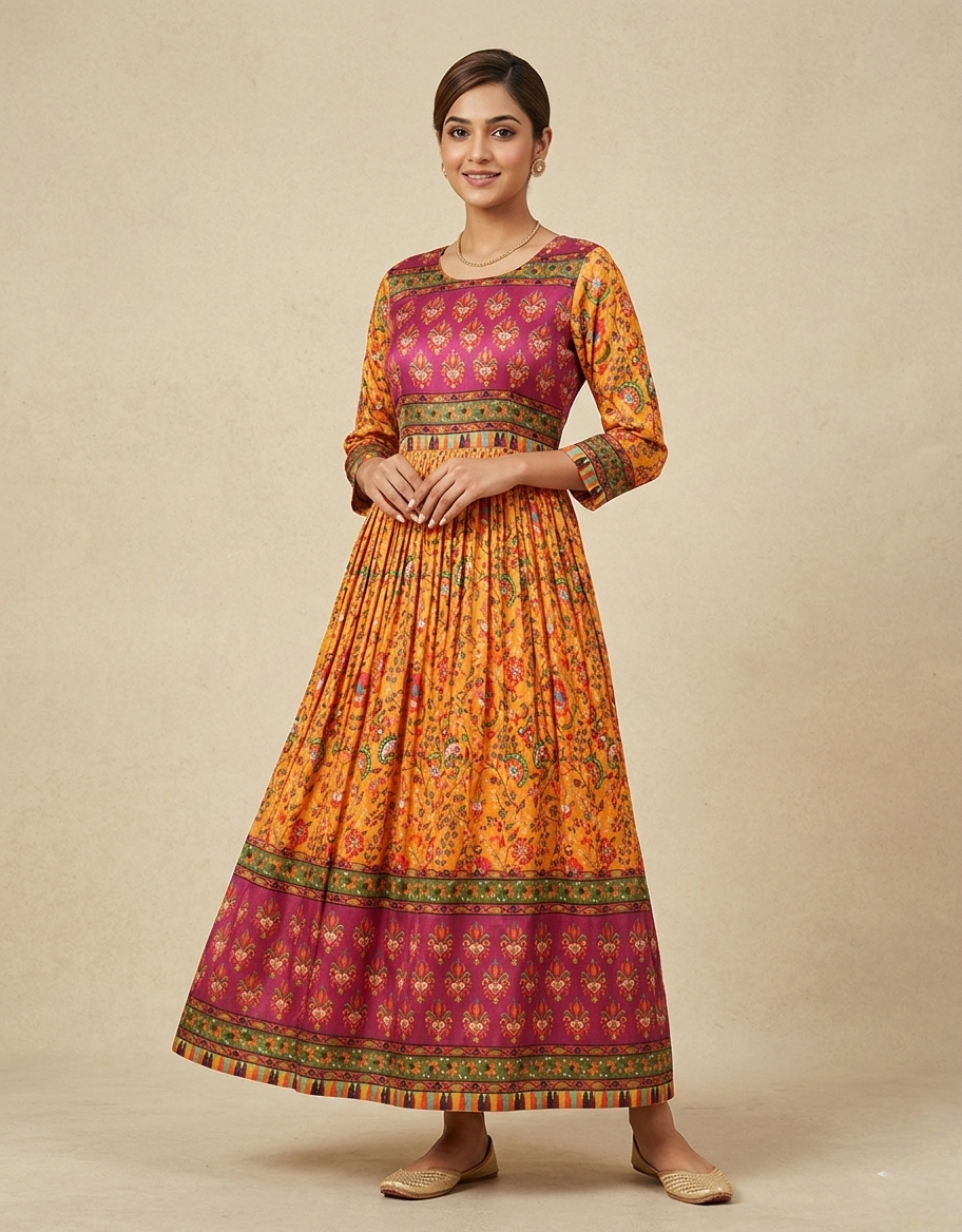 Women's Mustard & Maroon Floral Print Anarkali Kurti - Long Pleated Ethnic Gown
