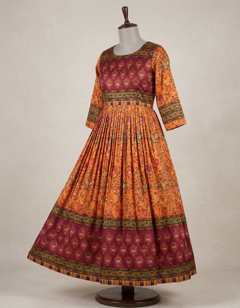 Women's Mustard & Maroon Floral Print Anarkali Kurti - Long Pleated Ethnic Gown