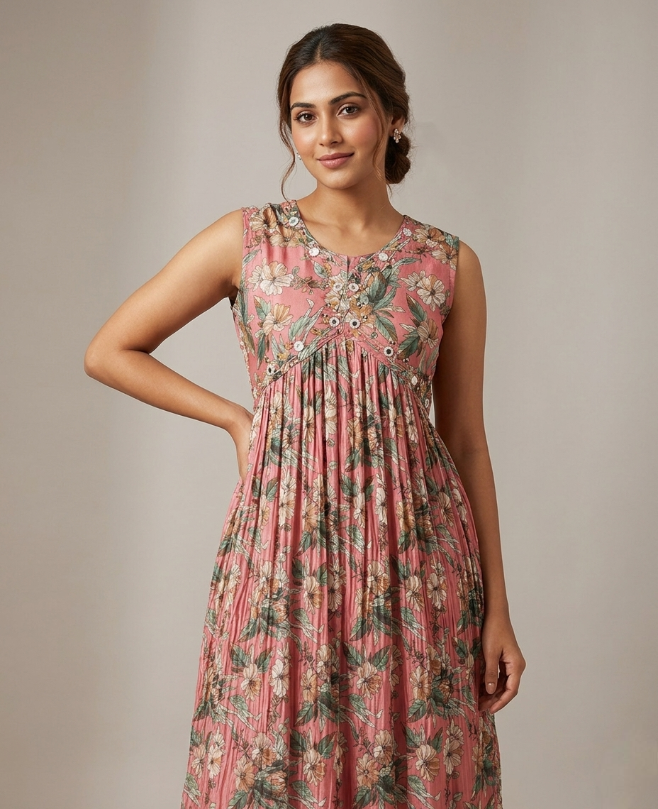 Women’s Floral Print A-Line Anarkali Kurti – Sleeveless(Optional) Georgette Empire Waist Tunic with Button Detailing