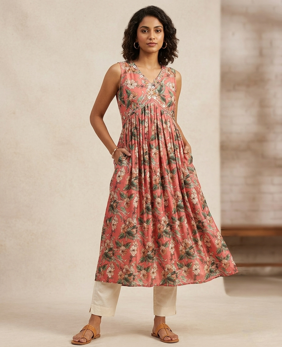 Women’s Floral Print A-Line Anarkali Kurti – Sleeveless(Optional) Georgette Empire Waist Tunic with Button Detailing