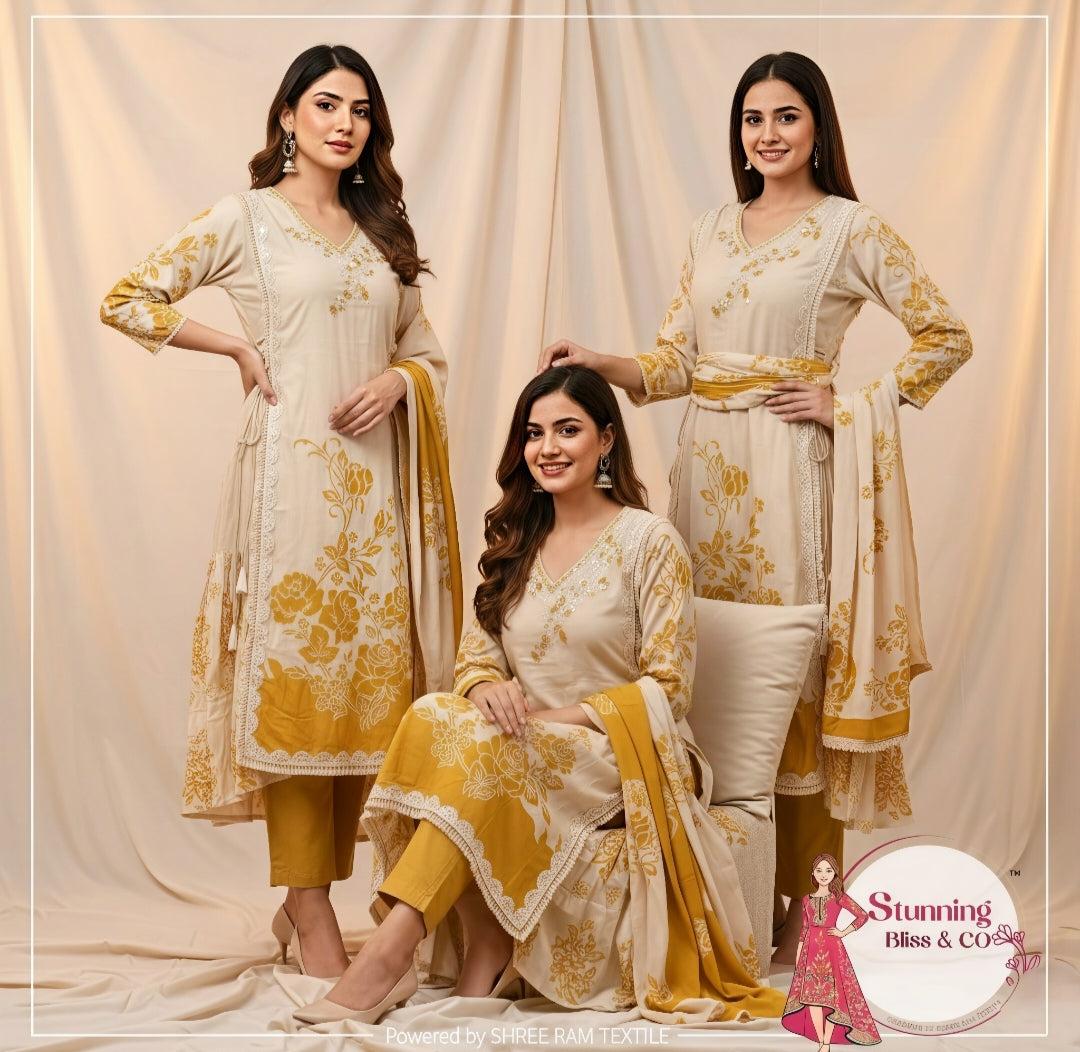Floral Print Cotton Anarkali Kurta Set with Mustard Dupatta – 3-Piece Ethnic Suit
