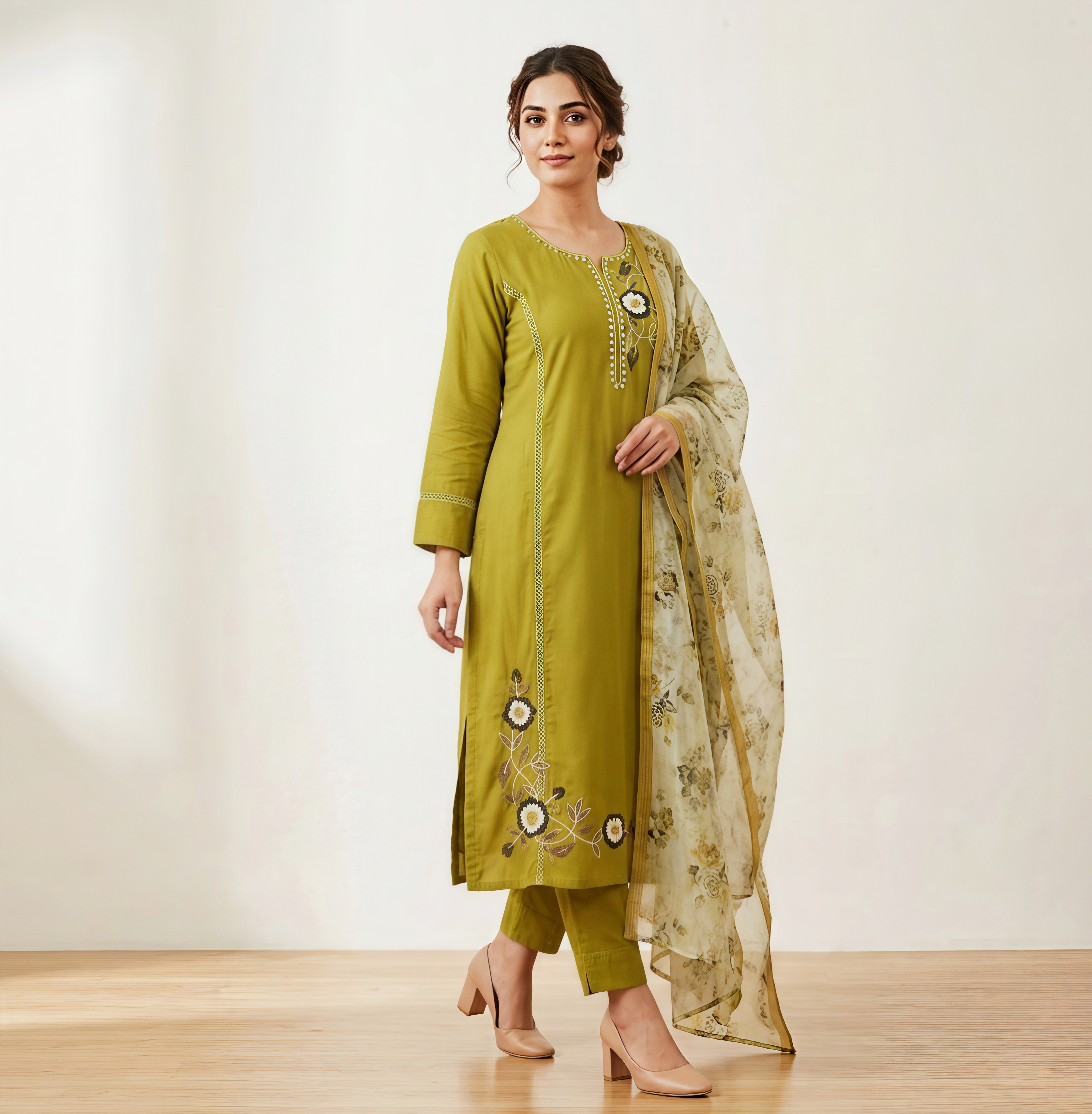 Olive Green Embroidered Cotton Kurti Set with Floral Print Dupatta - 3 Piece Suit