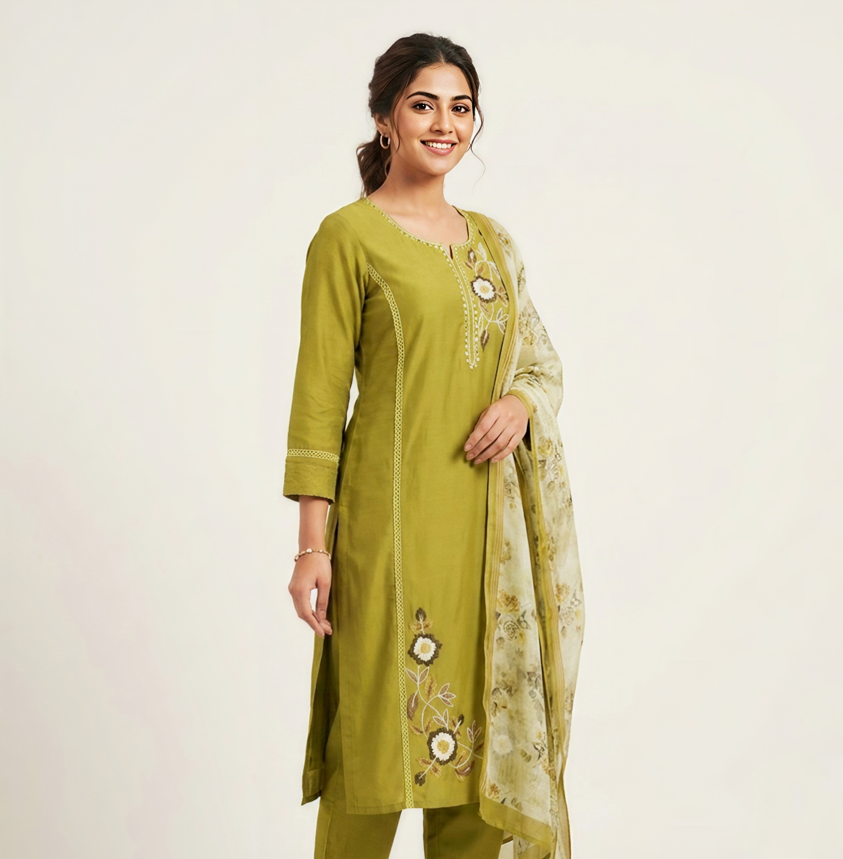 Olive Green Embroidered Cotton Kurti Set with Floral Print Dupatta - 3 Piece Suit