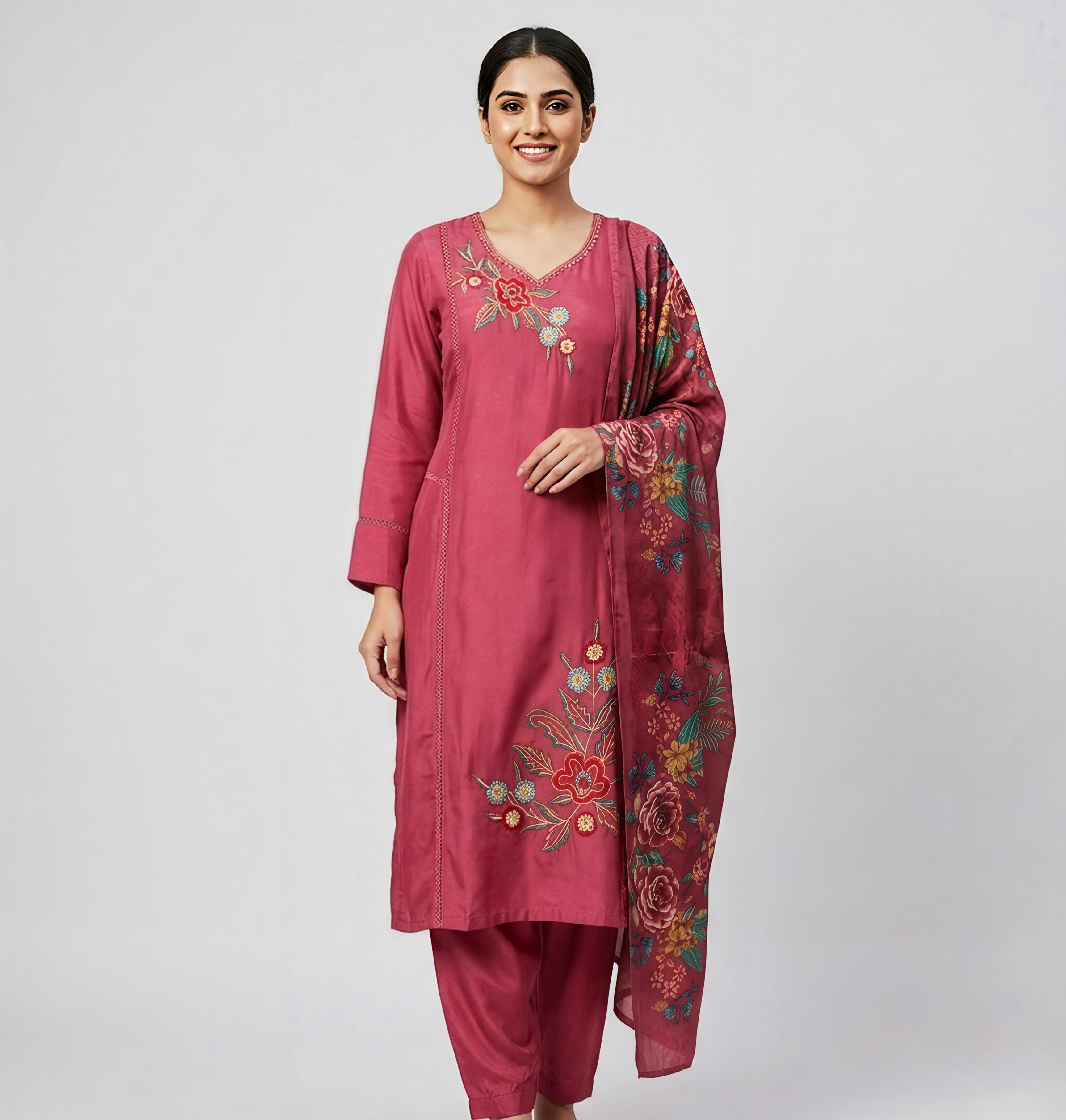 Mauve Floral Embroidered Kurta Set with Digitally Printed Dupatta