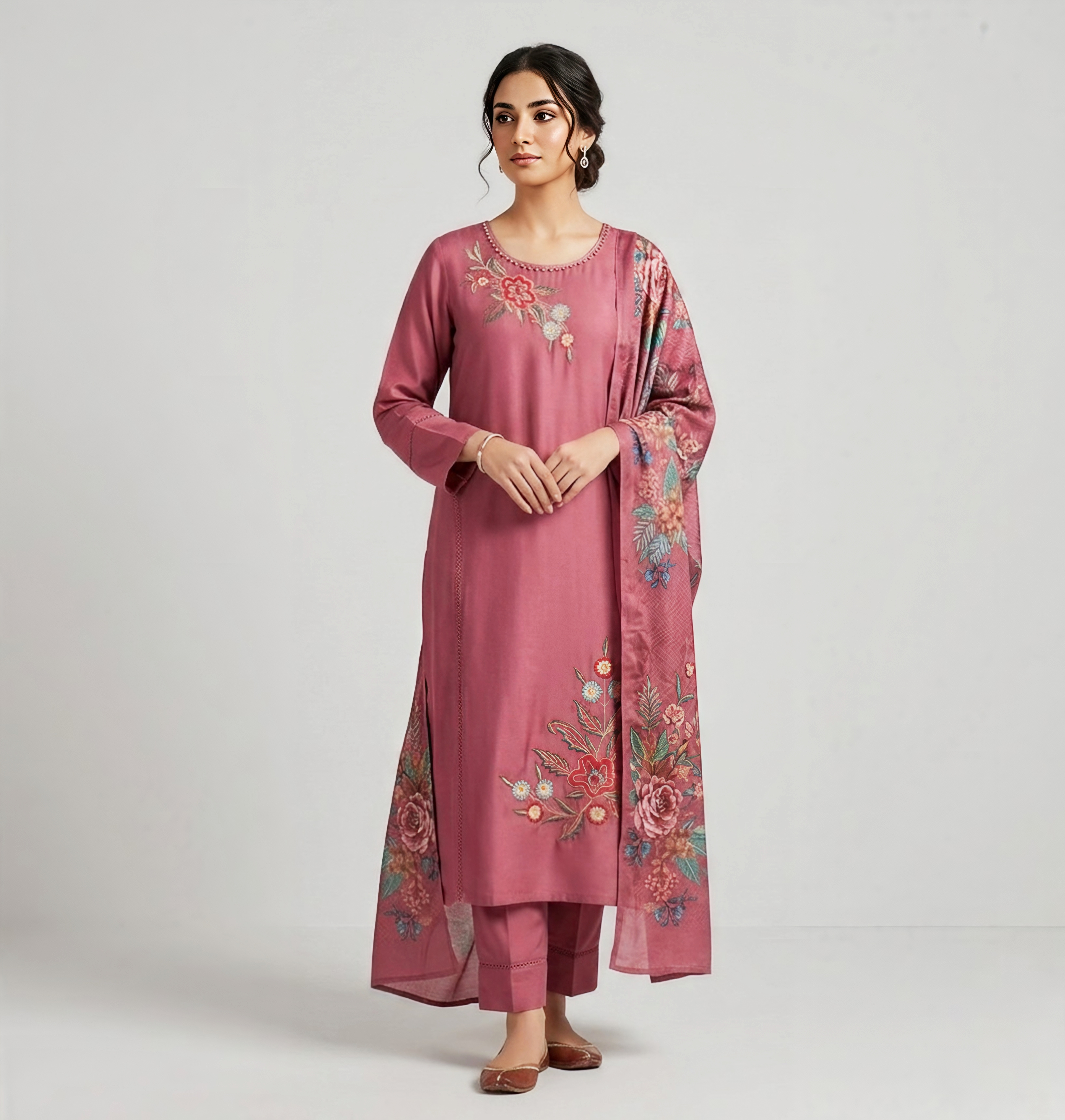 Mauve Floral Embroidered Kurta Set with Digitally Printed Dupatta