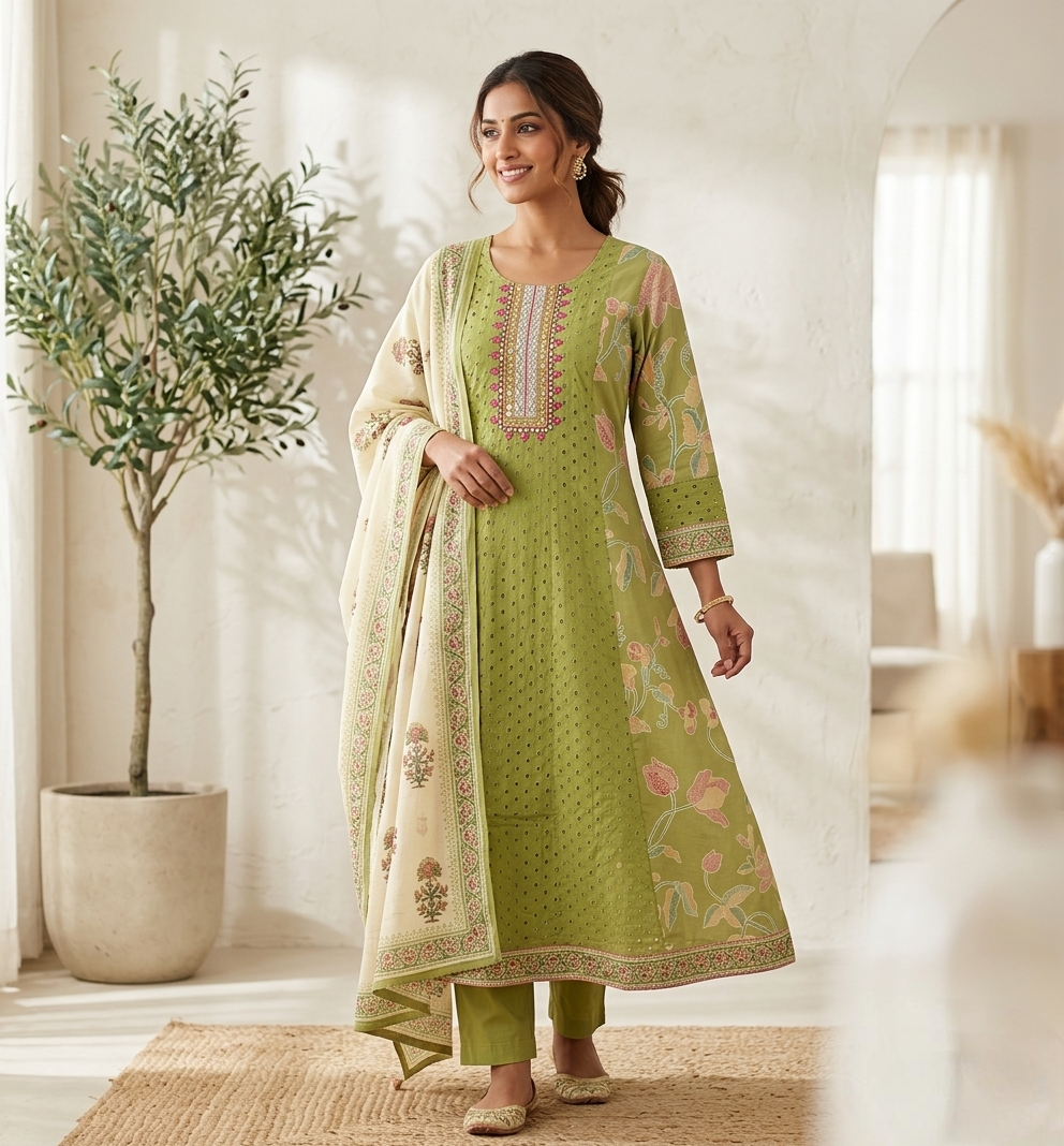 Olive Green Floral Printed Anarkali Kurta Set with Embroidered Neckline & Off-White Dupatta
