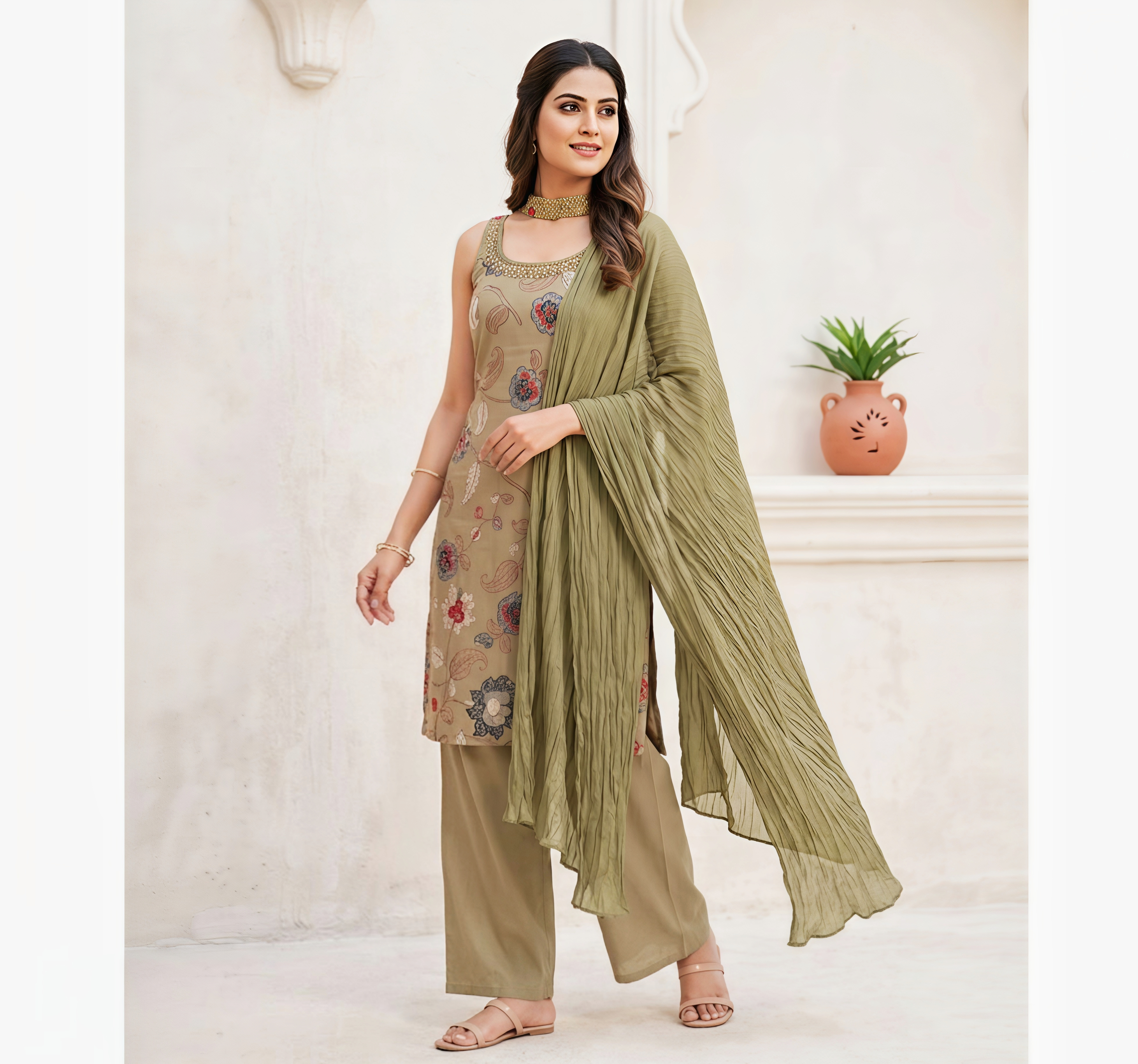 Floral Print Sleeveless (Optional) Kurti with Straight Pants and Crinkled Dupatta – Sage Green