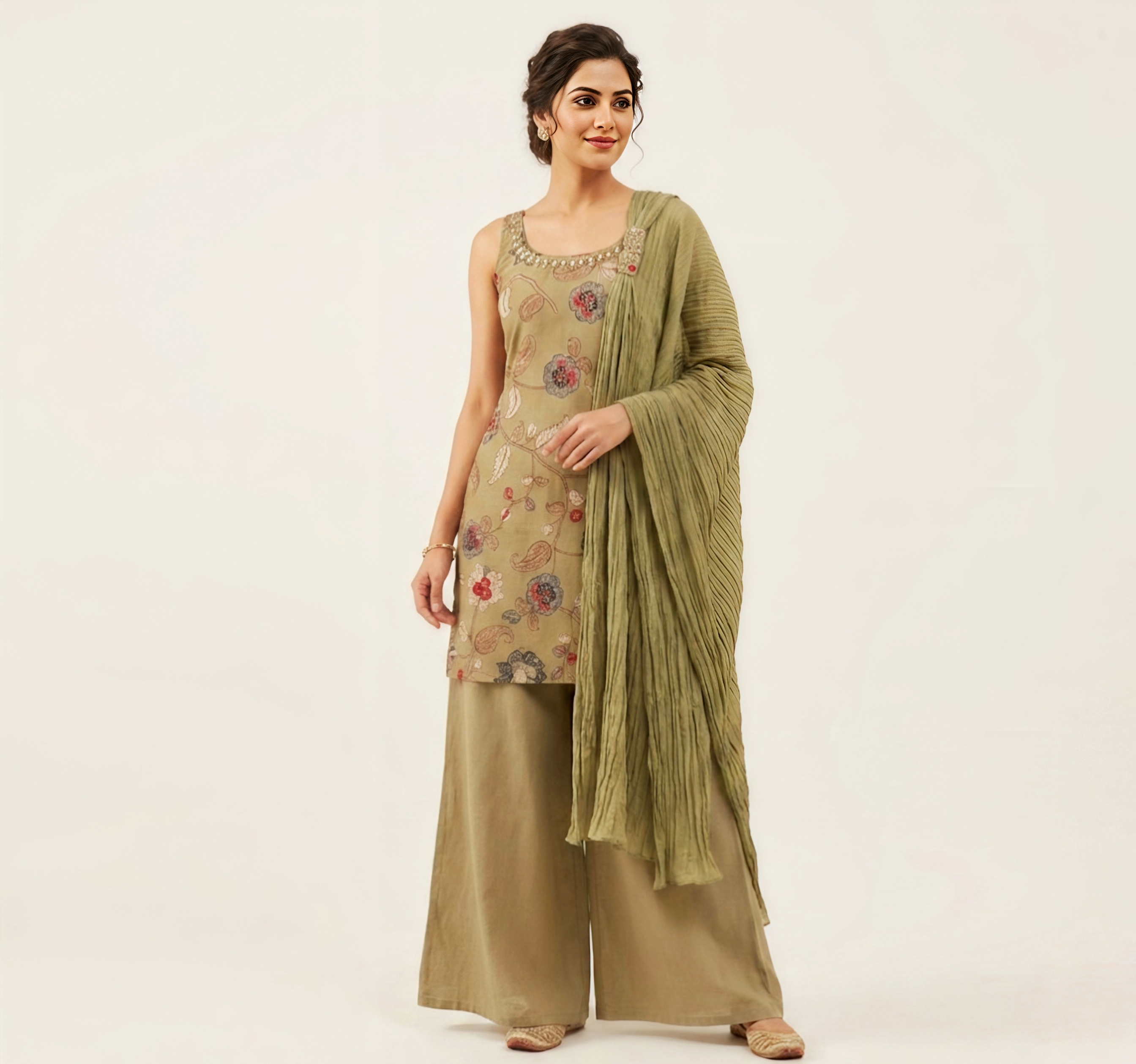 Floral Print Sleeveless (Optional) Kurti with Straight Pants and Crinkled Dupatta – Sage Green