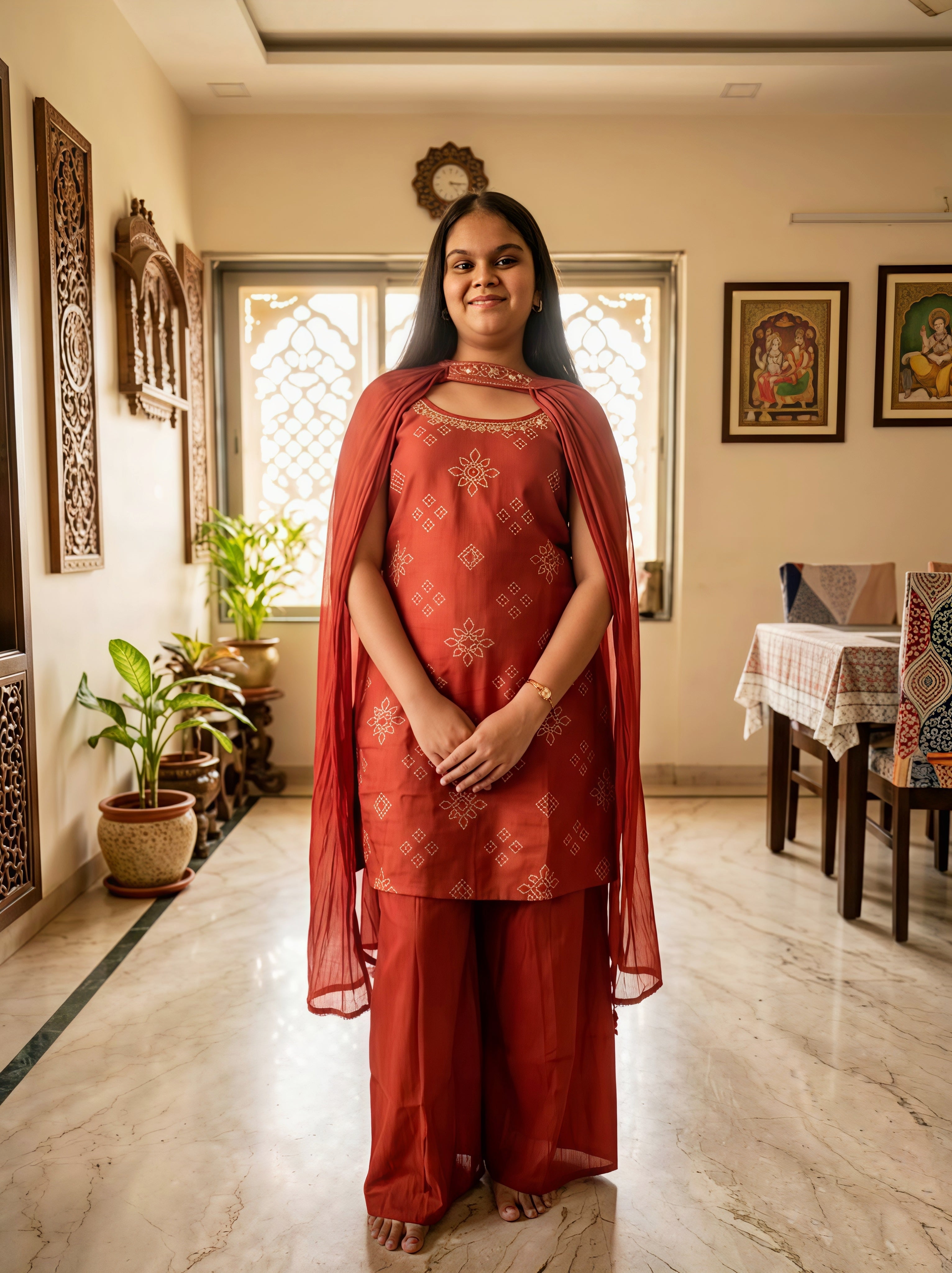 Rust Terracotta Embroidered Sleeveless (Optional) Kurta with Wide-Leg Palazzos & Dupatta Set
