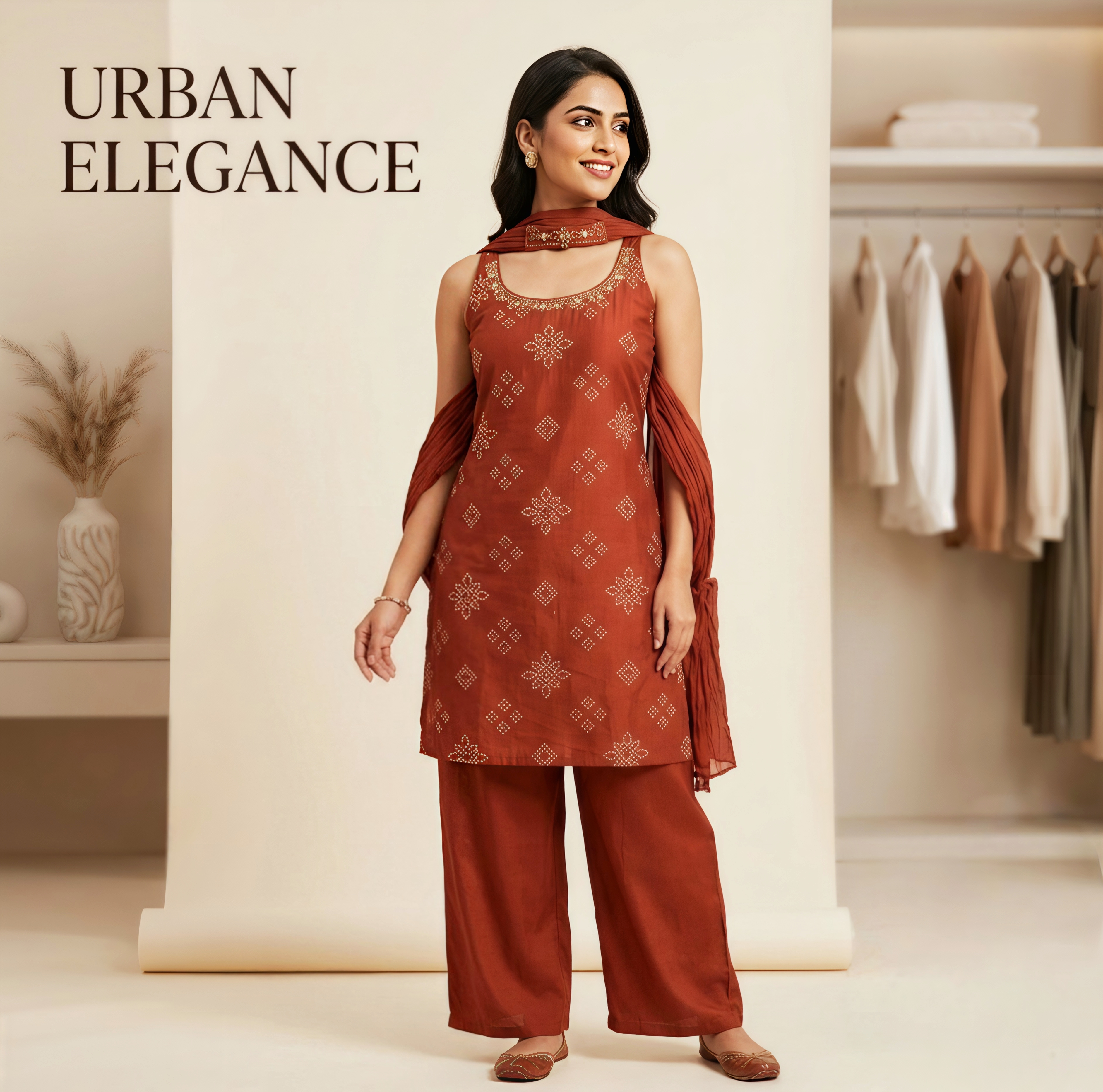 Rust Terracotta Embroidered Sleeveless (Optional) Kurta with Wide-Leg Palazzos & Dupatta Set