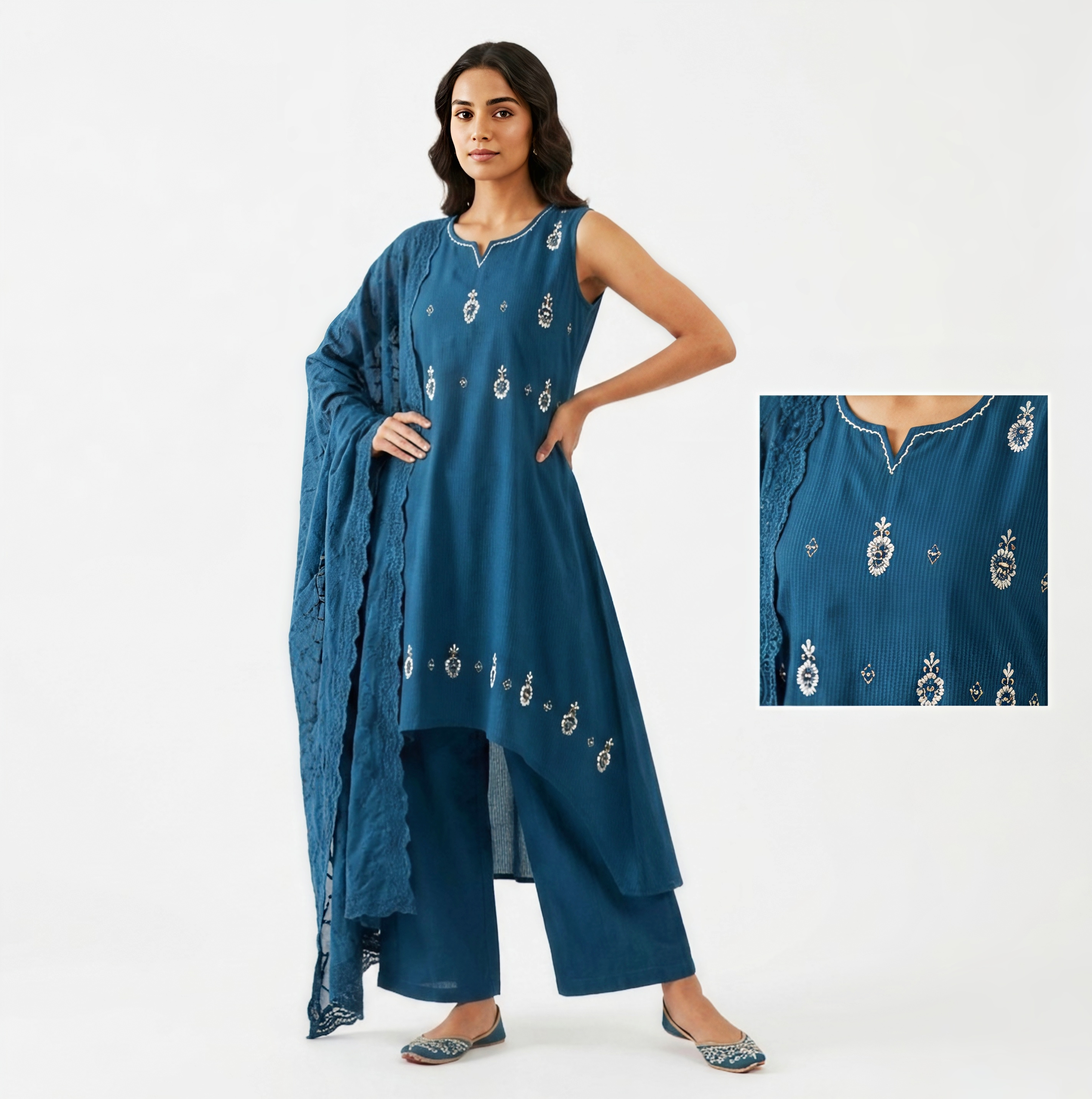 Navy Blue Embroidered Asymmetrical Kurta Set with Dupatta – 3 Piece Set