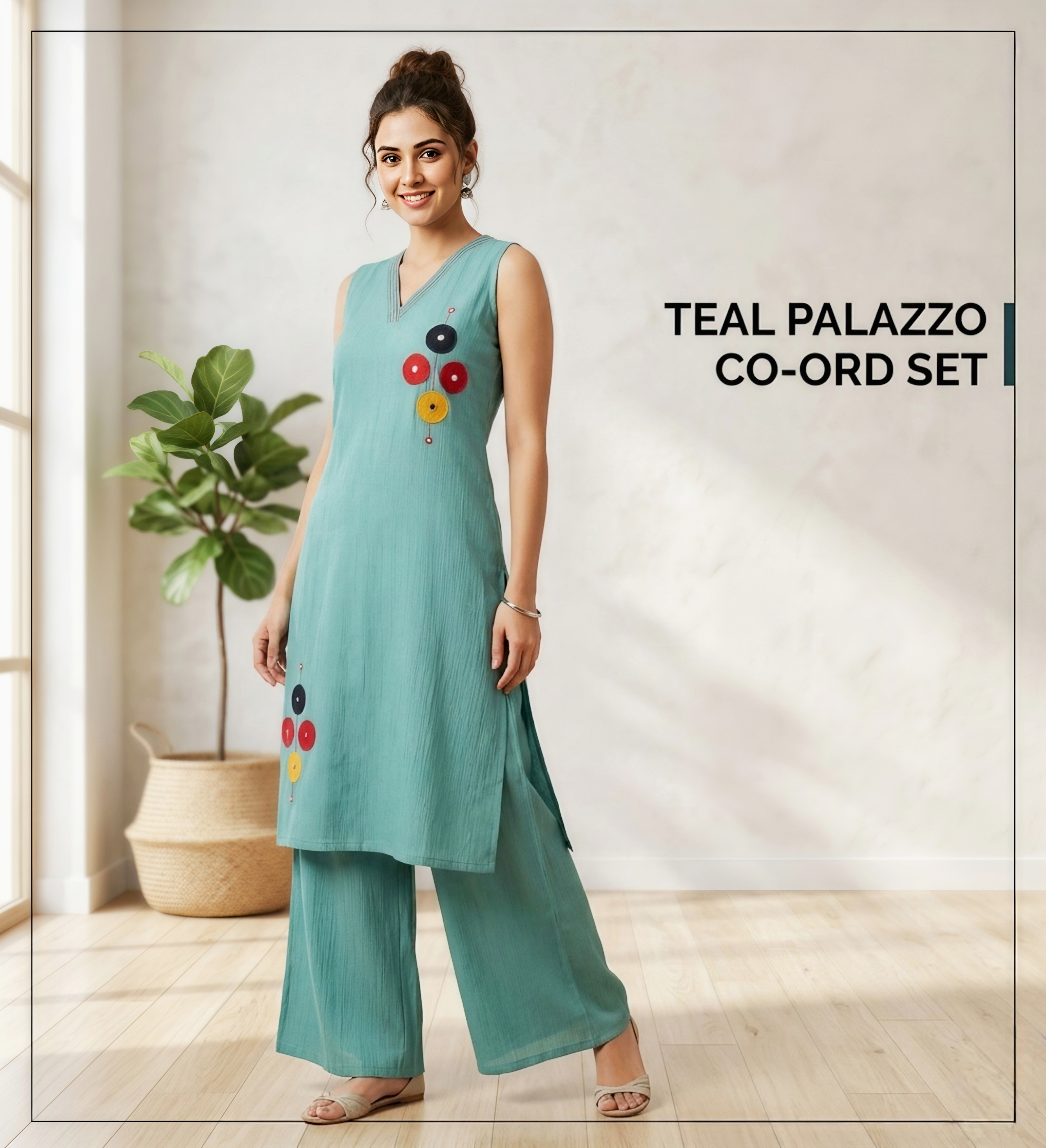 Teal Palazzo Set – V-Neck Sleeveless Kurta with Modern Art Details