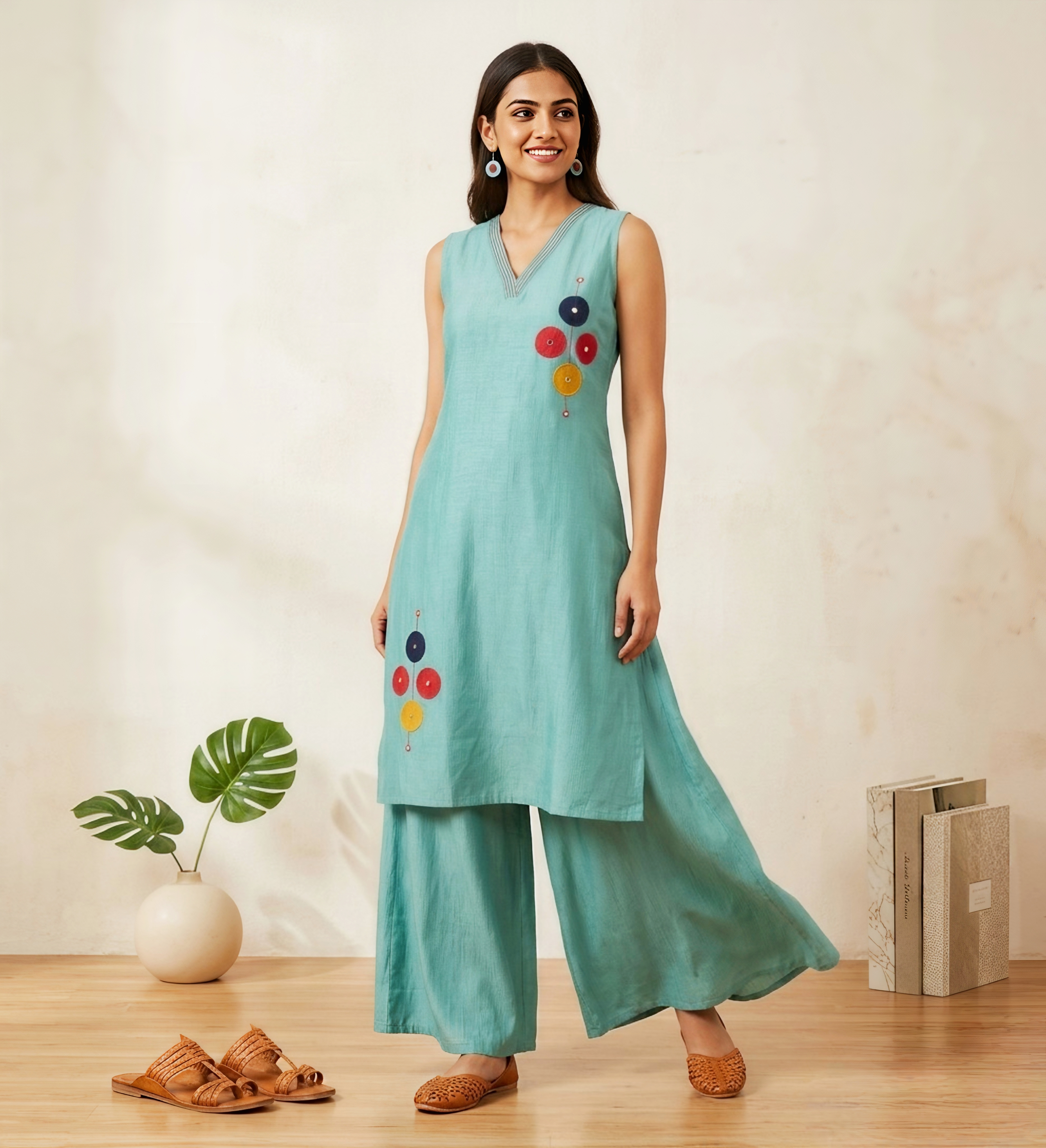 Teal Palazzo Set – V-Neck Sleeveless Kurta with Modern Art Details
