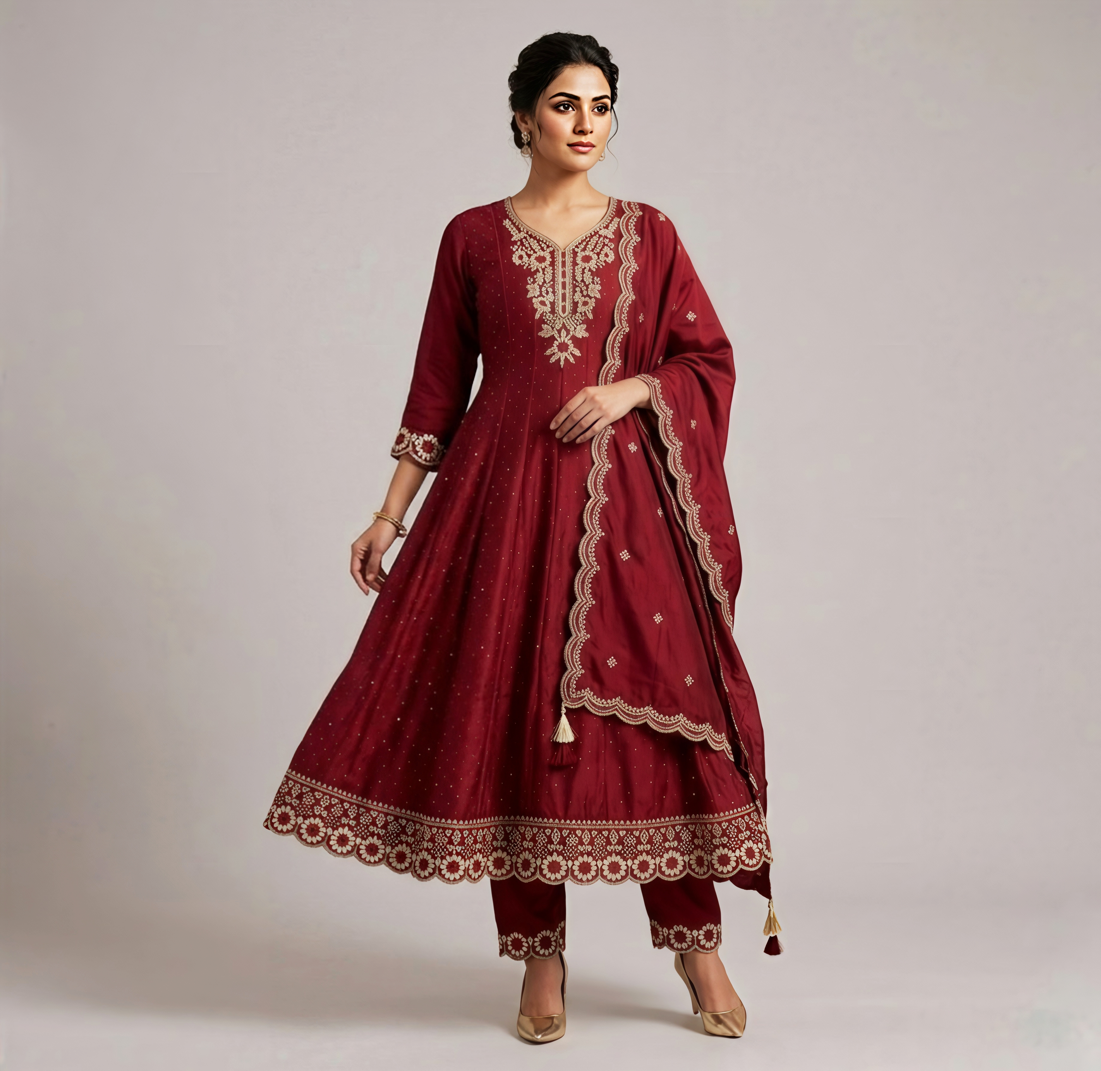 Deep Wine Embroidered Anarkali Kurta with Matching Pants & Dupatta