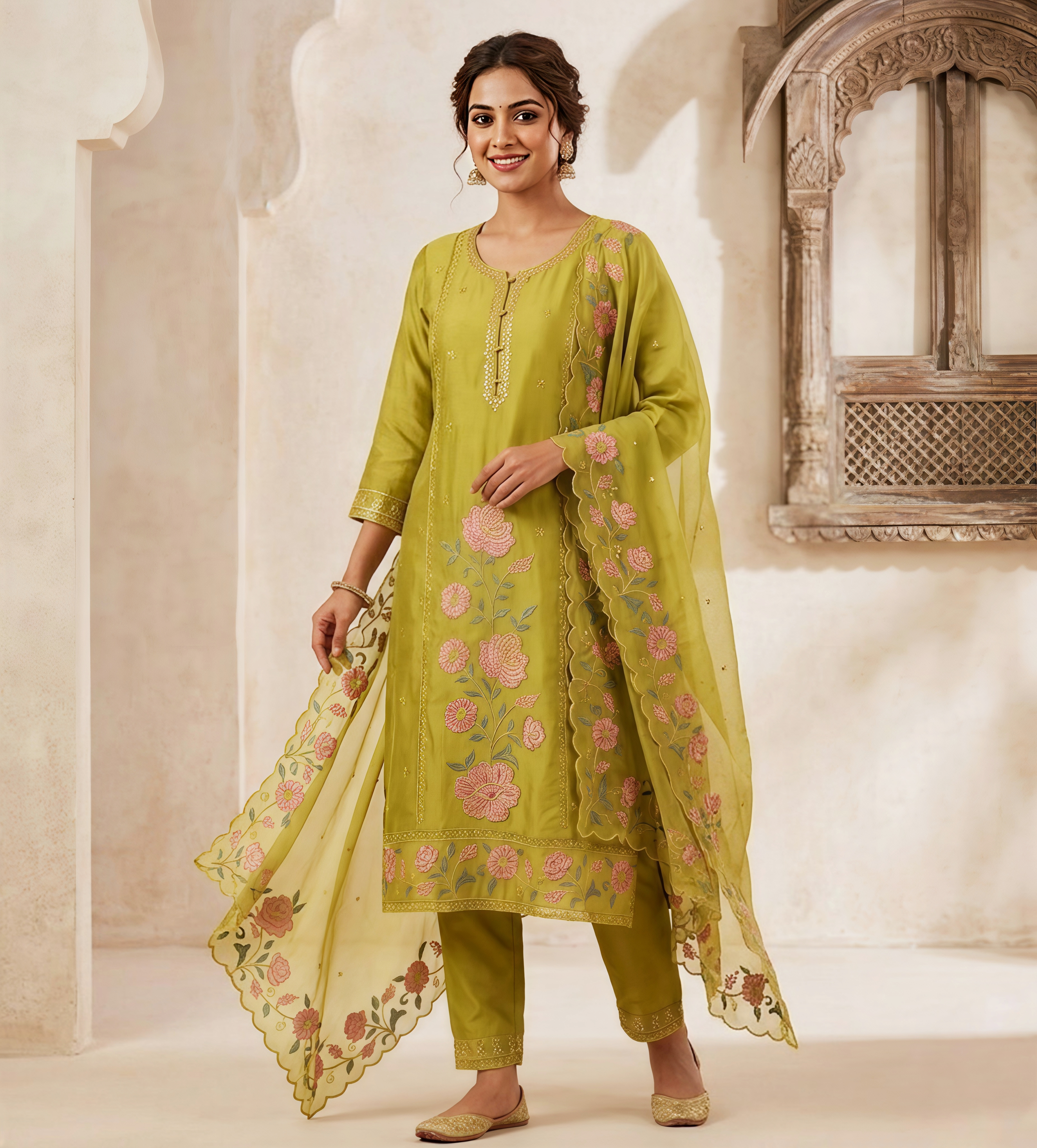 Olive Green Silk Organza Salwar Suit with Floral Thread Work & Scalloped Dupatta