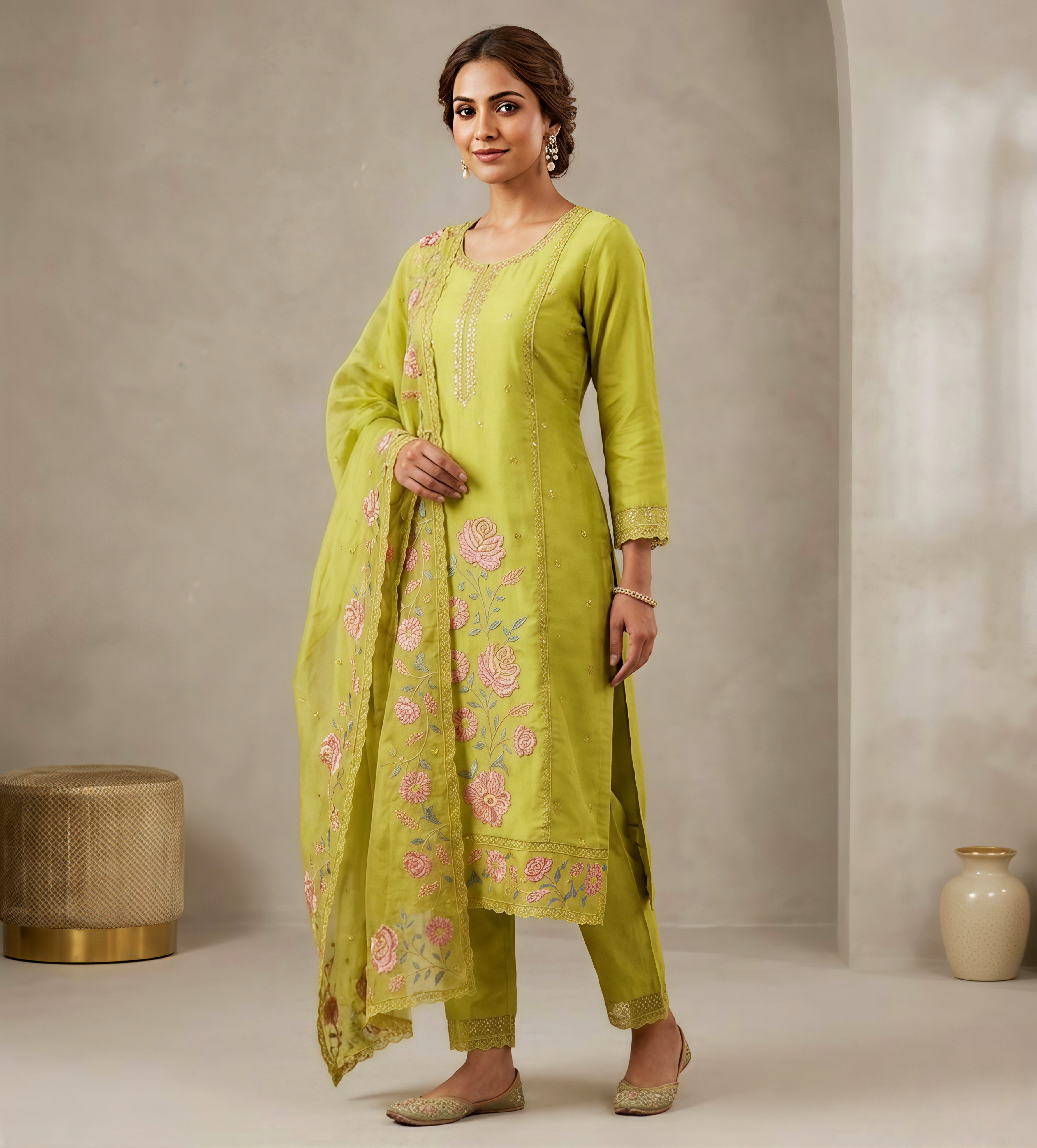 Olive Green Silk Organza Salwar Suit with Floral Thread Work & Scalloped Dupatta