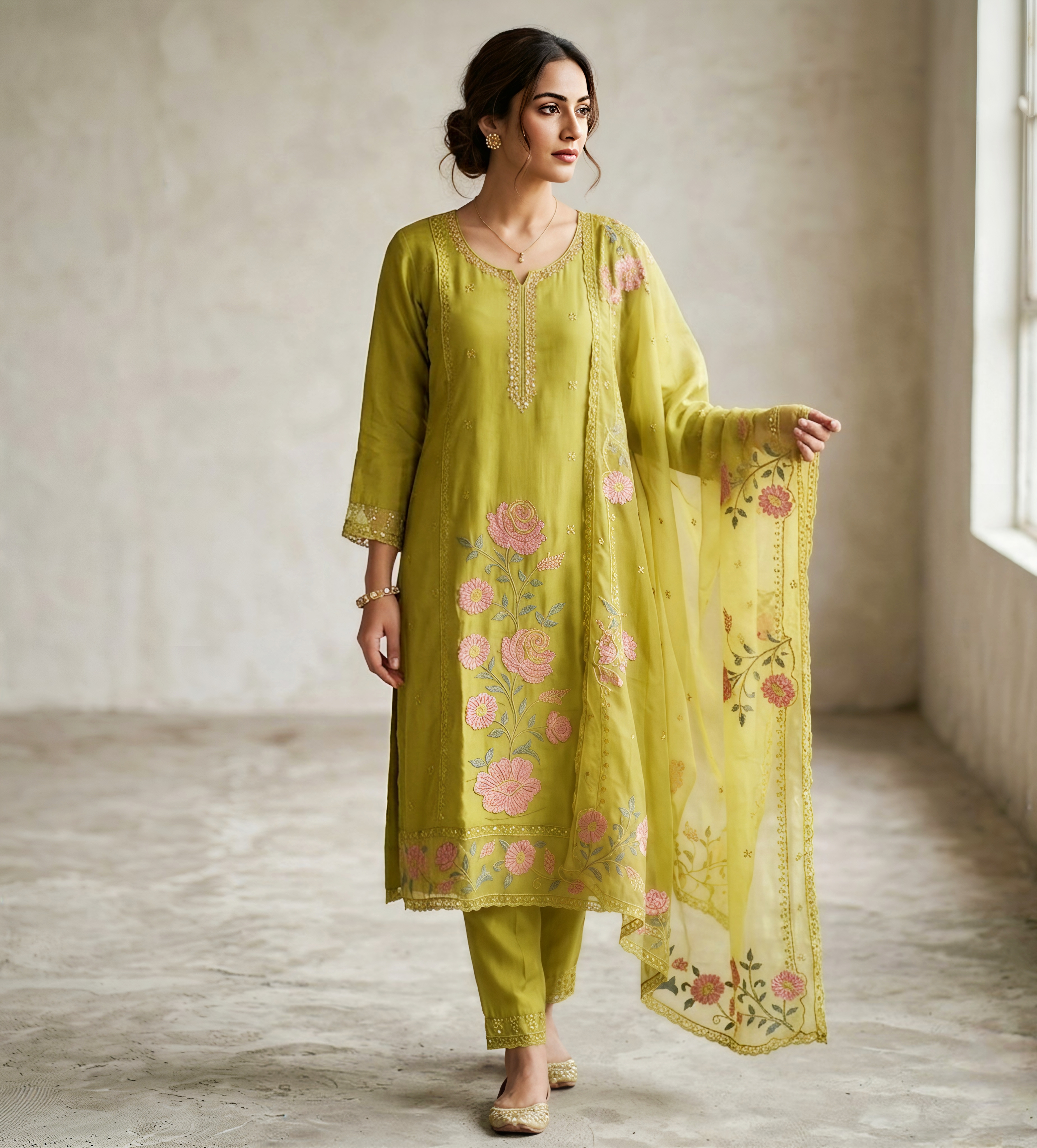 Olive Green Silk Organza Salwar Suit with Floral Thread Work & Scalloped Dupatta