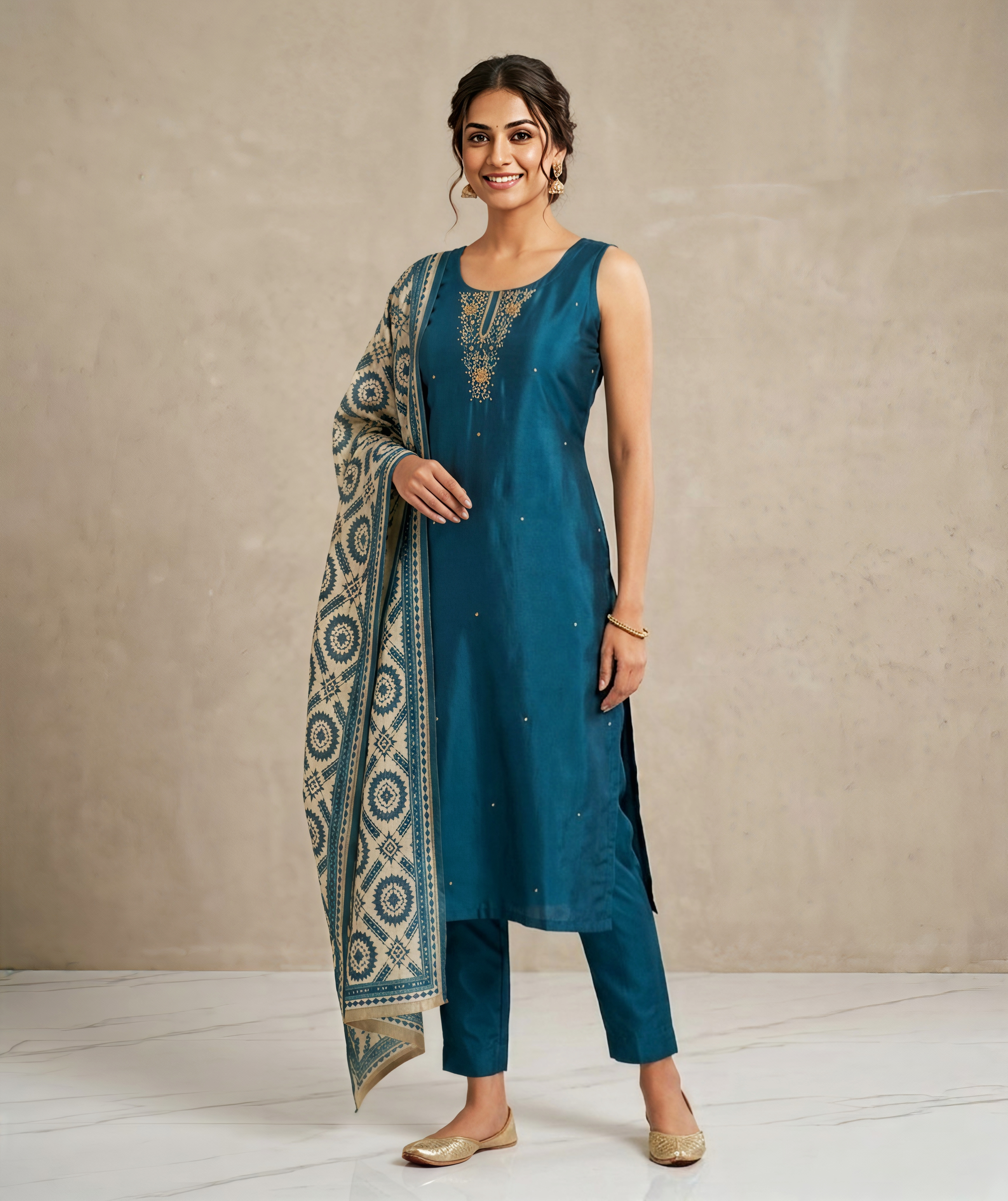 Prussian Blue Hand-Embroidered Silk Kurta Set with Printed Dupatta & 1/4th Sleeves