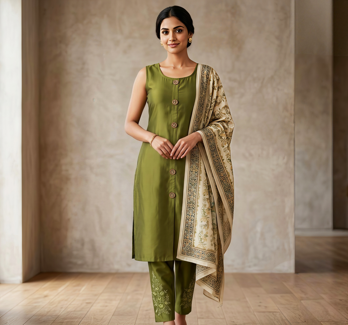 Elegant Olive Green Silk 3-Piece Kurta Set with Printed Dupatta