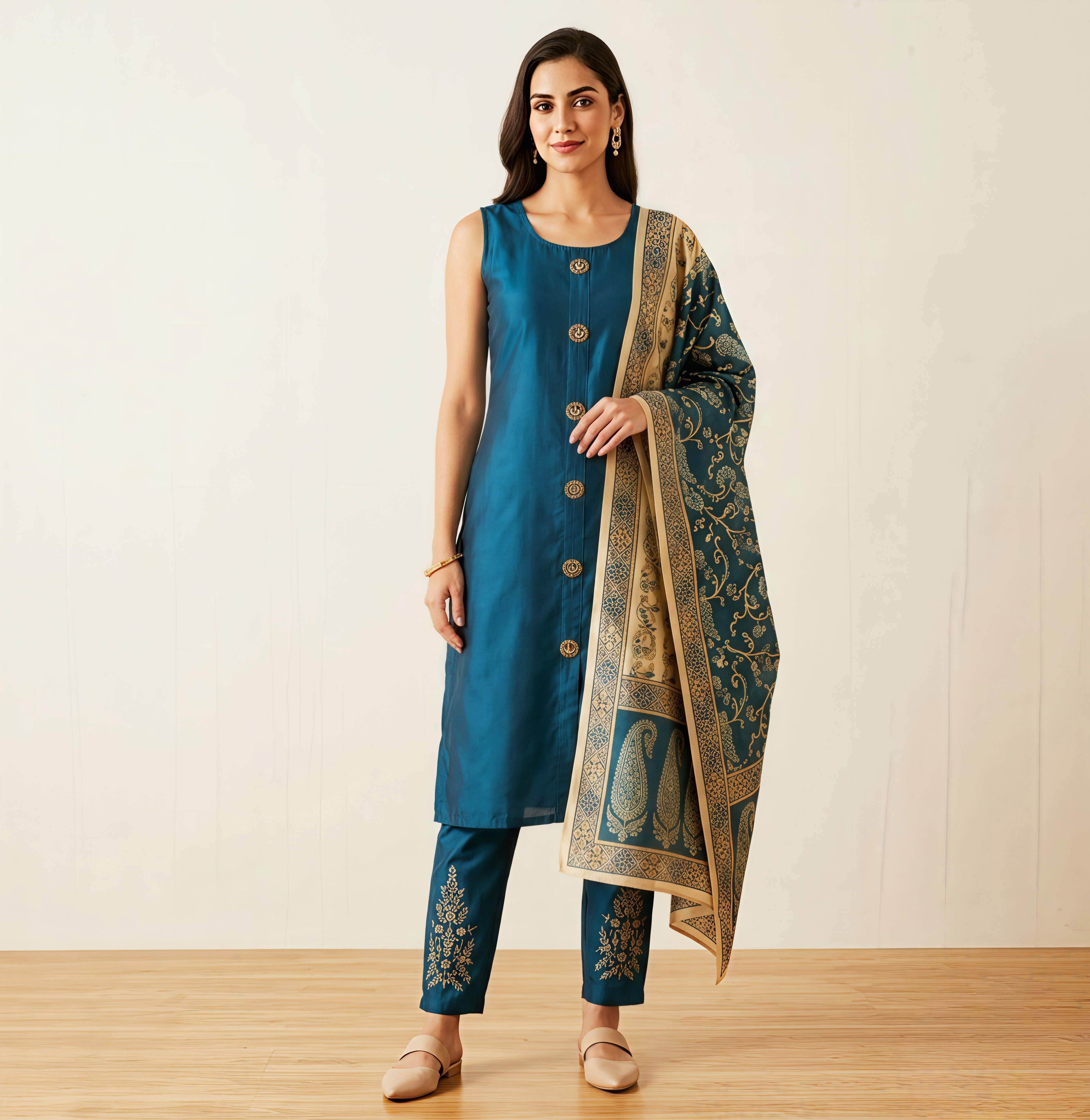 Royal Teal Silk Straight Kurta Set with Sleeves & Kalamkari Print Dupatta