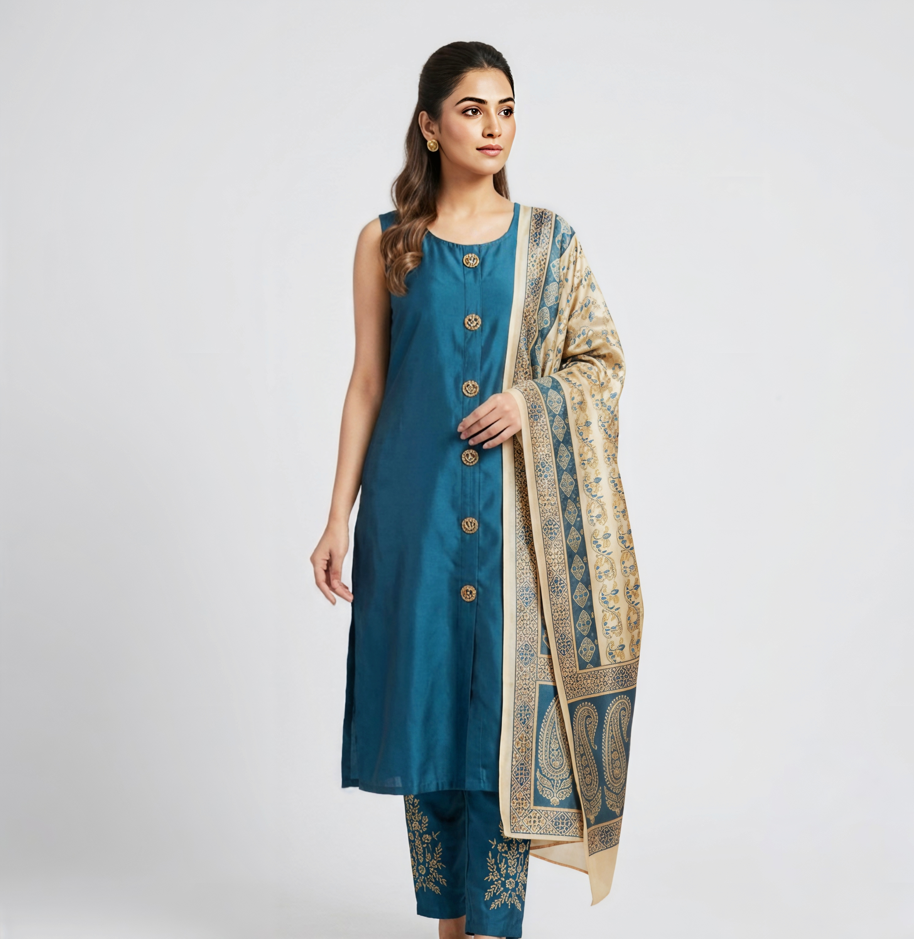 Royal Teal Silk Straight Kurta Set with Sleeves & Kalamkari Print Dupatta