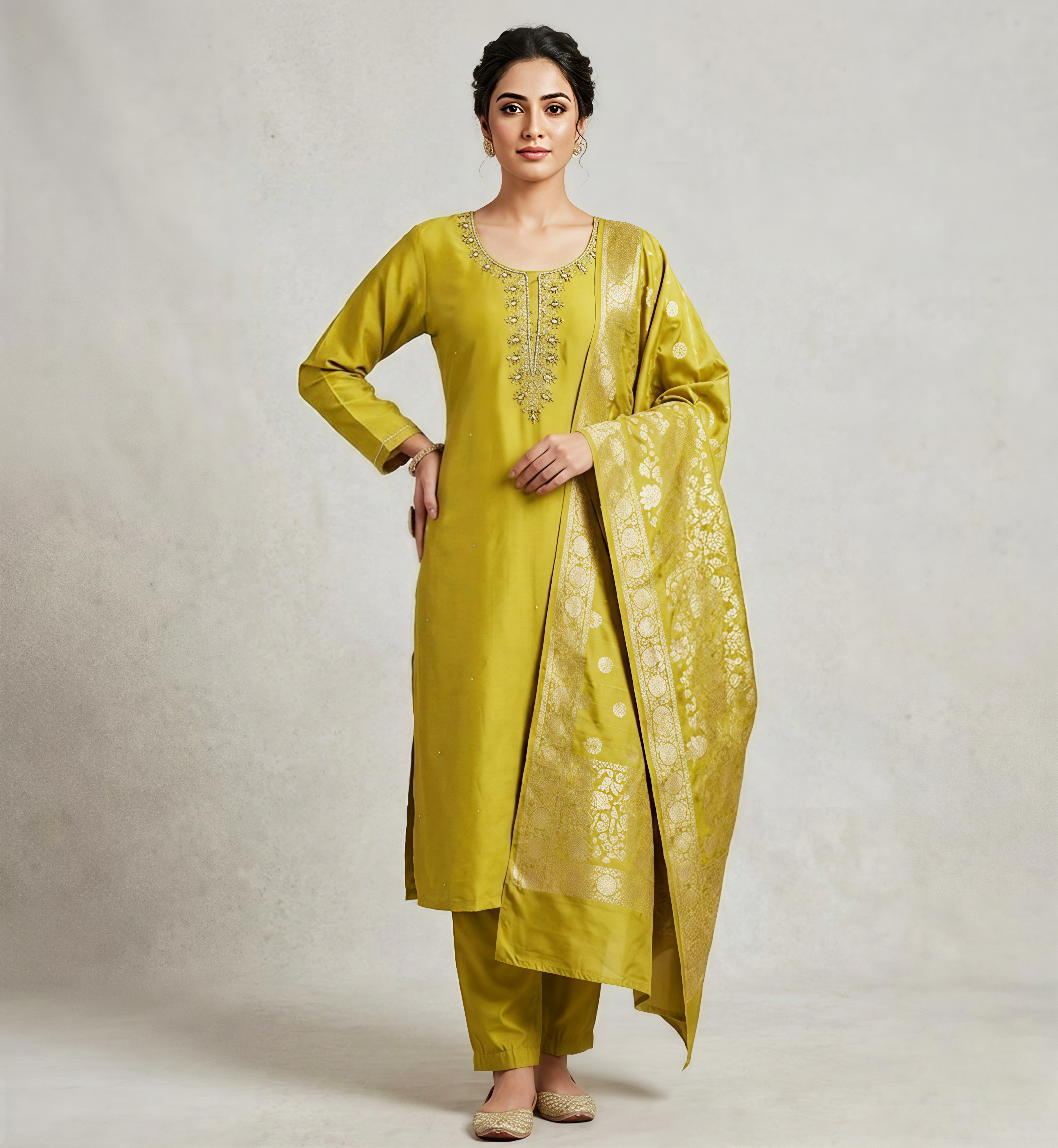 Lime Green Embroidered Silk Kurta Set with Banarasi Silk Dupatta