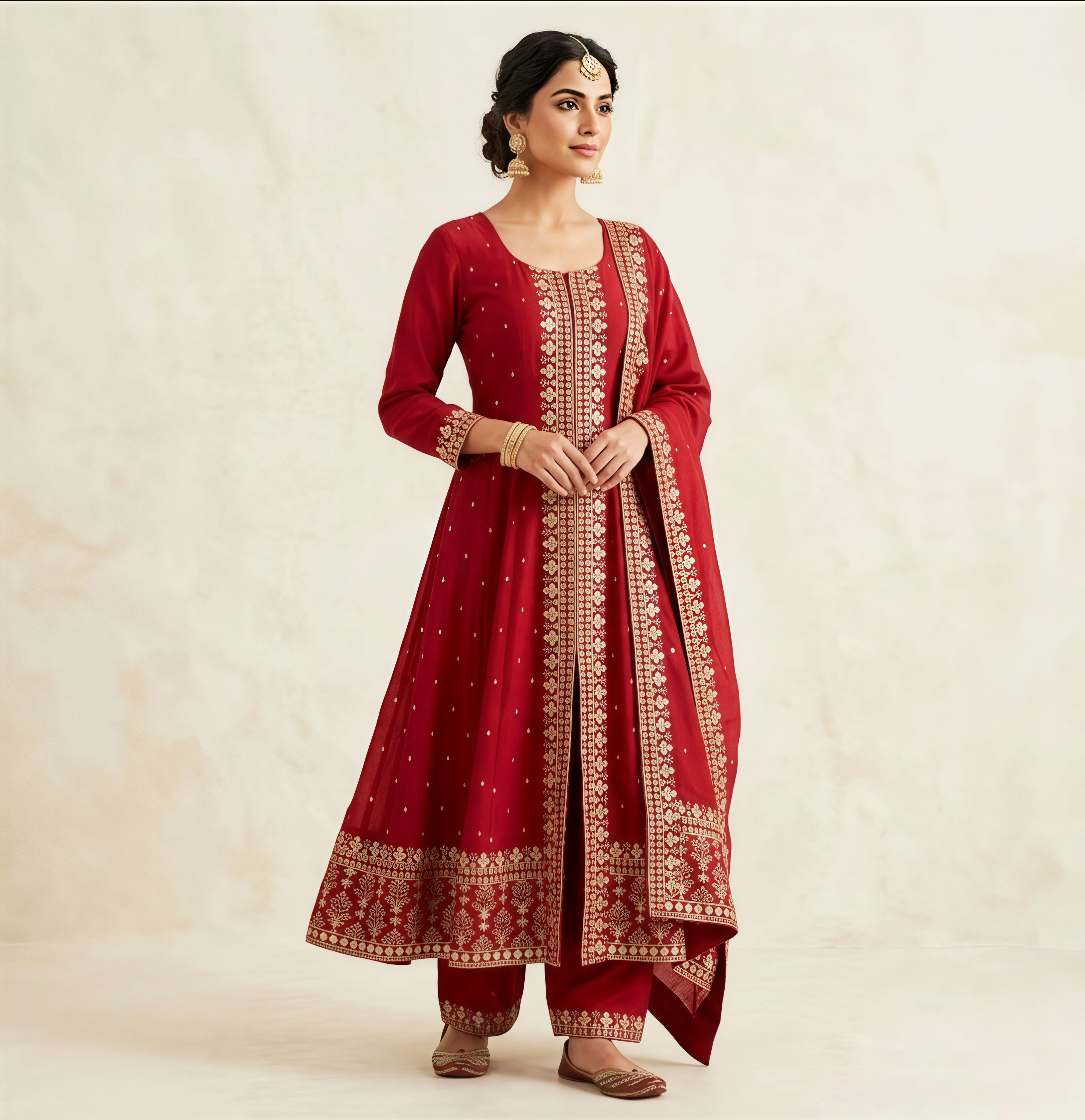 Premium Deep Red & Gold Silk Anarkali Suit - 3-Piece Festive Set with Detailed Zari Work