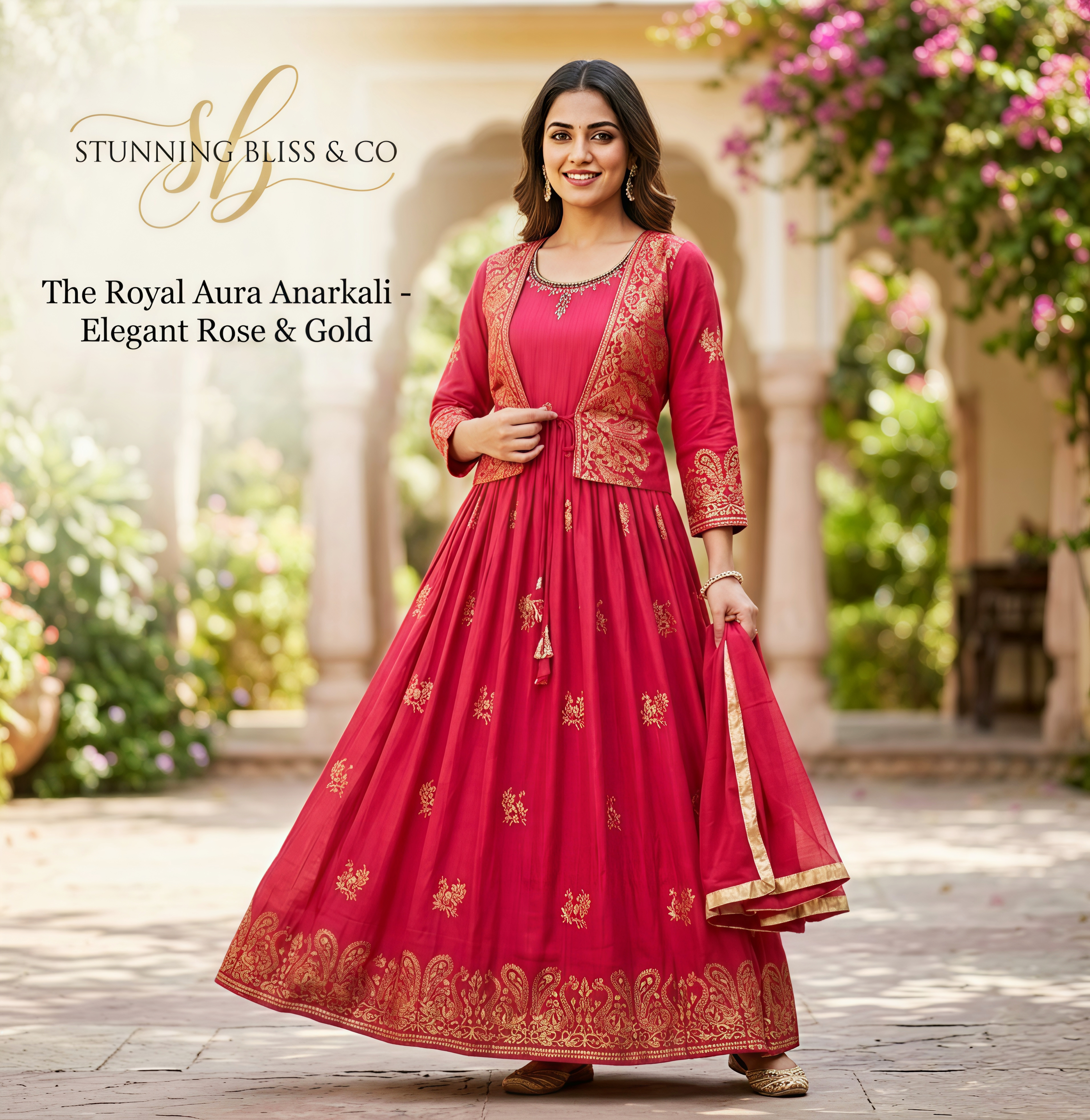 Royal Aura Rose Pink Anarkali Kurta Set with Gold Foil Print Jacket & Dupatta