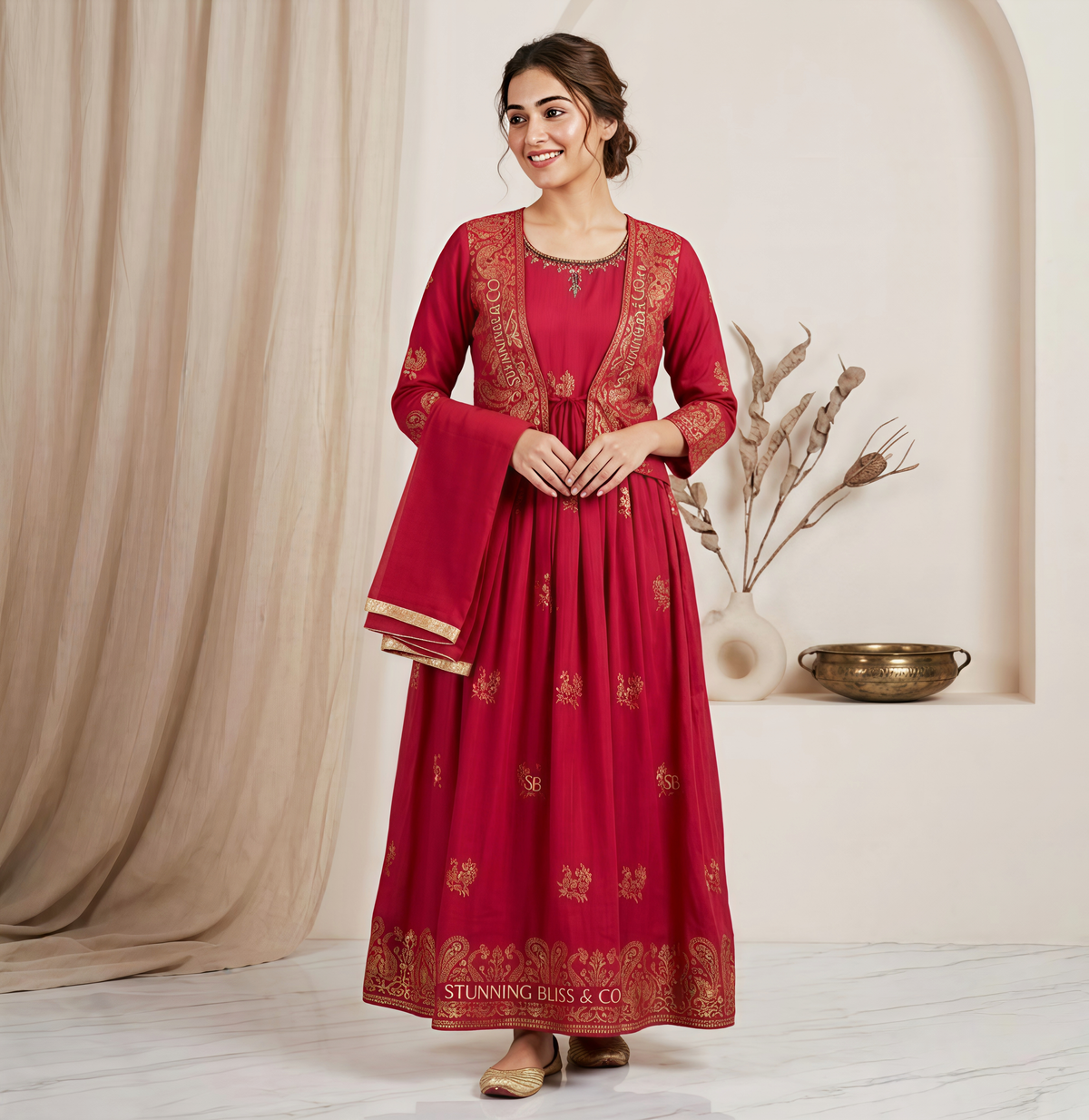 Royal Aura Rose Pink Anarkali Kurta Set with Gold Foil Print Jacket & Dupatta