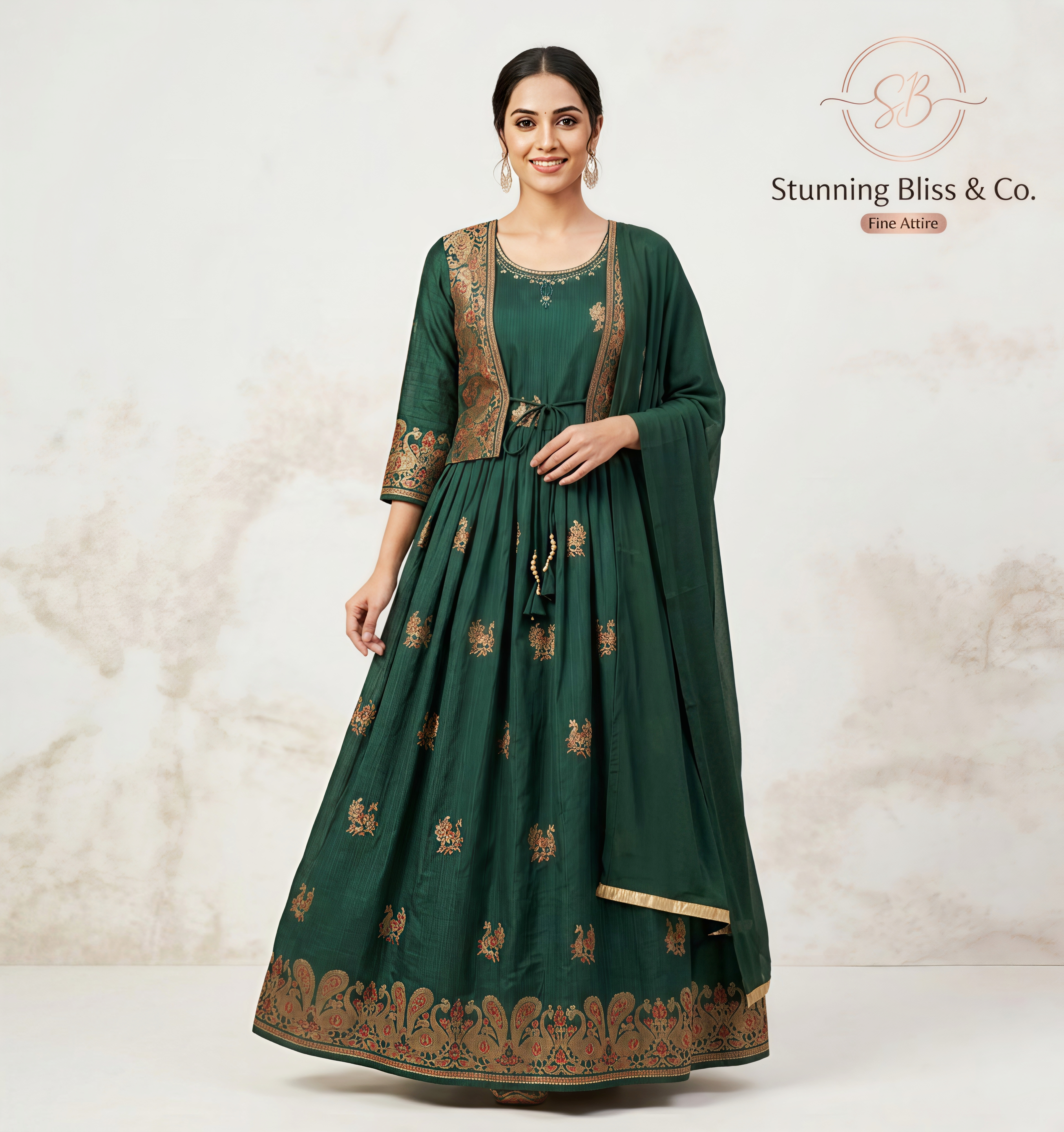 Stunning Bliss Emerald Green Anarkali Kurta Set with Embroidered Koti Jacket and Dupatta