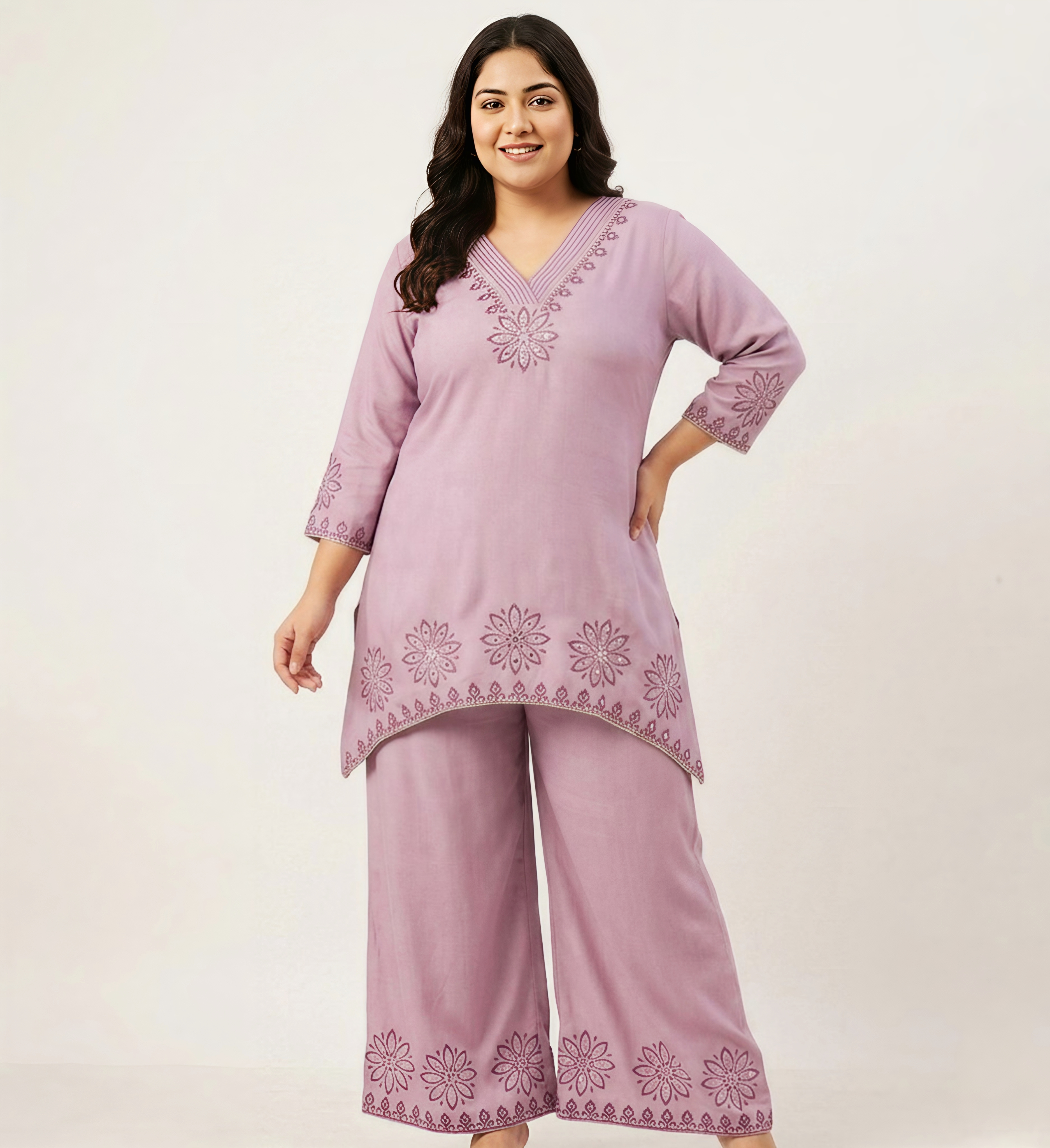 Lavender Embroidered V-Neck Kurti with Matching Wide-Leg Trousers – 2 Piece Co-ord Set