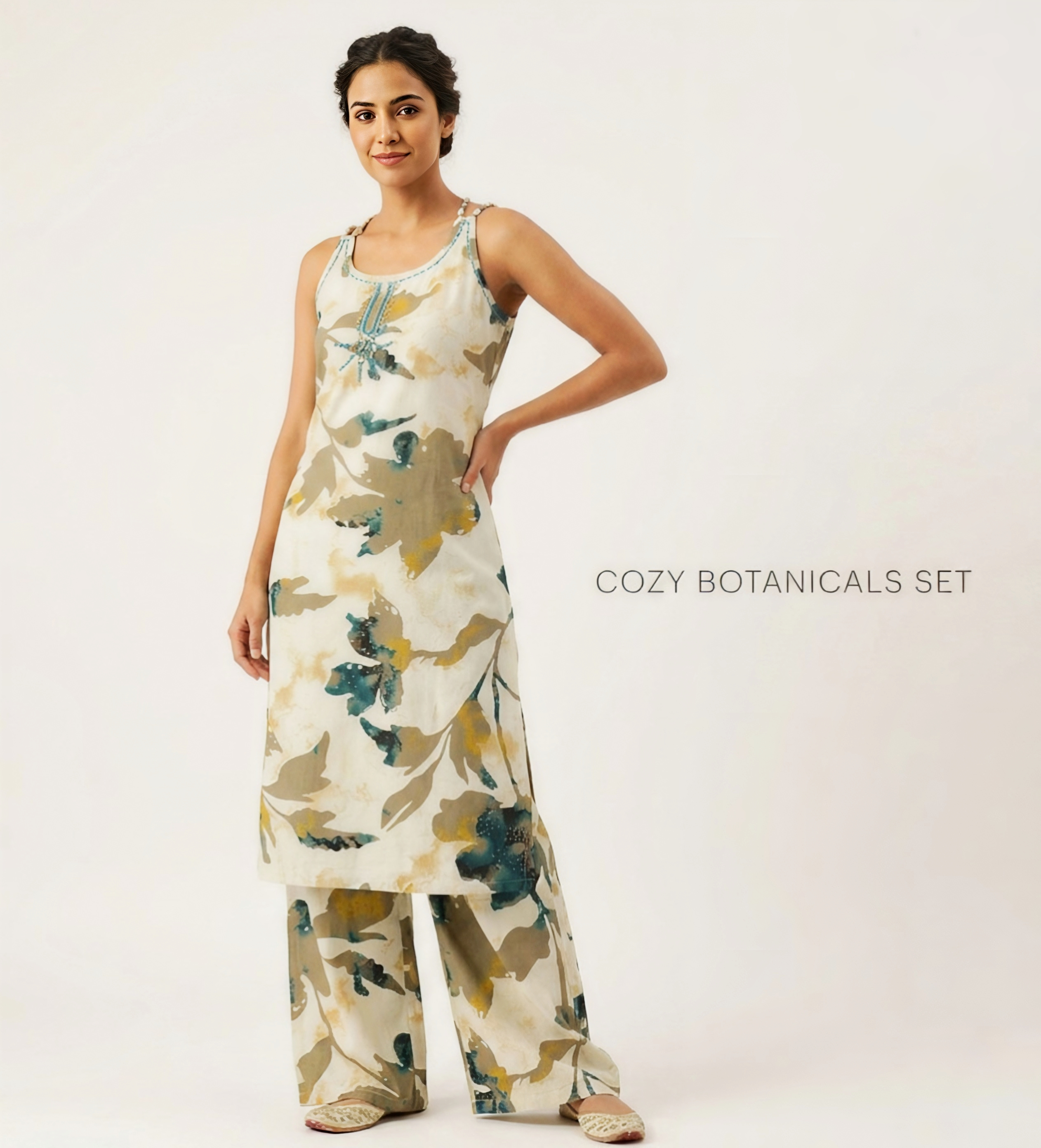 Sage Floral Printed Halter Tunic with Wide-Leg Trousers – 2 Piece Co-ord Set