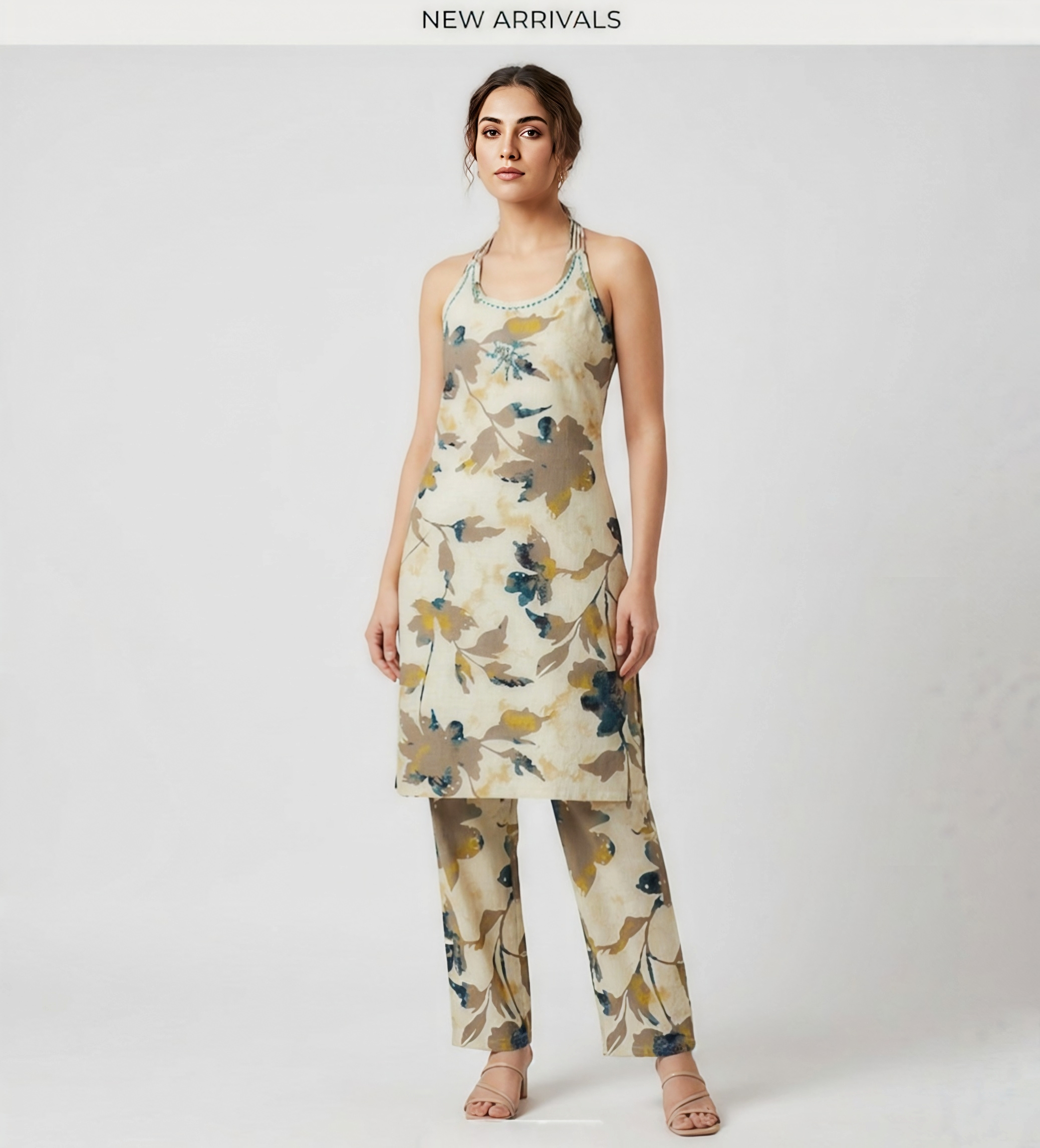 Sage Floral Printed Halter Tunic with Wide-Leg Trousers – 2 Piece Co-ord Set
