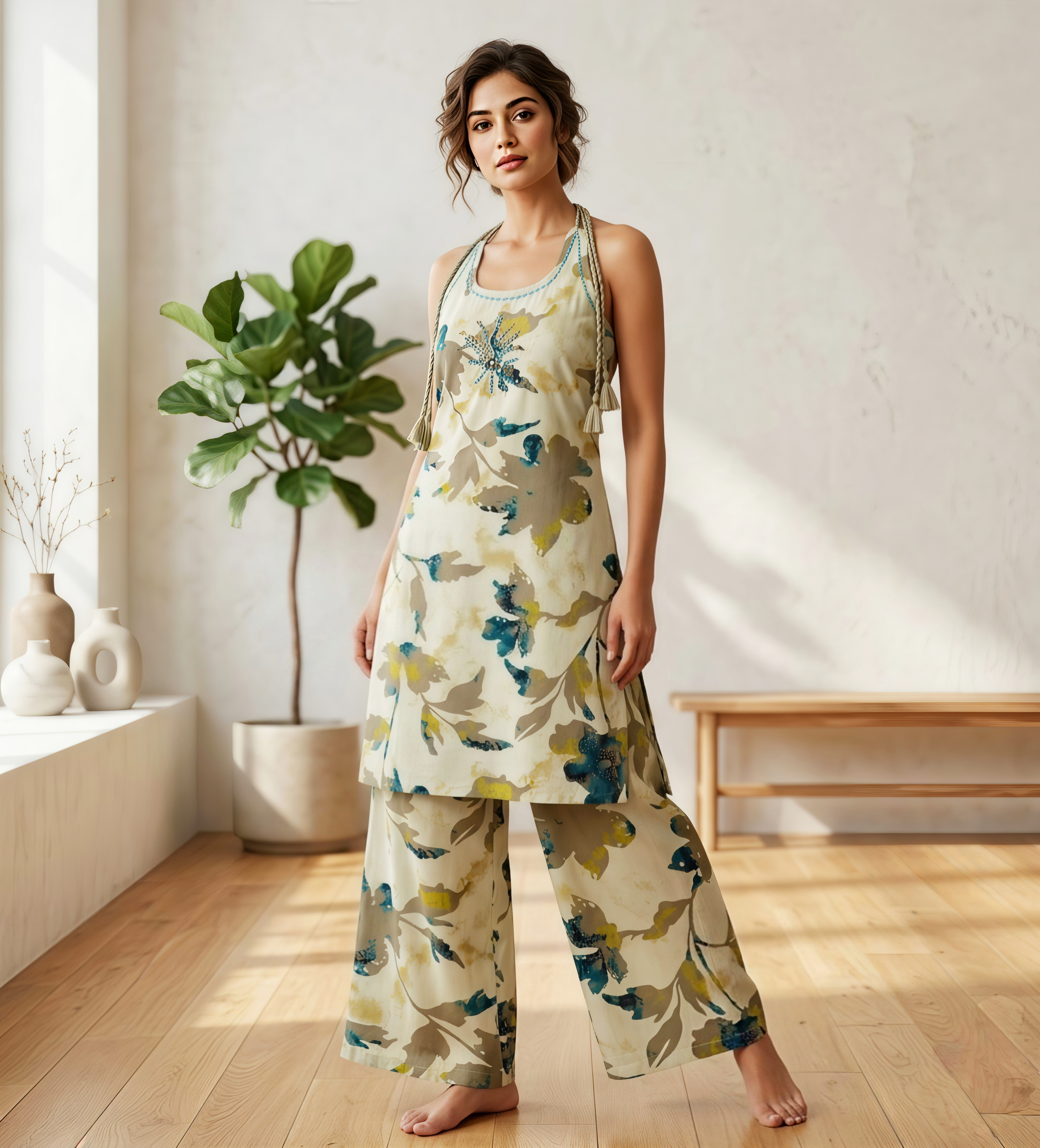 Sage Floral Printed Halter Tunic with Wide-Leg Trousers – 2 Piece Co-ord Set